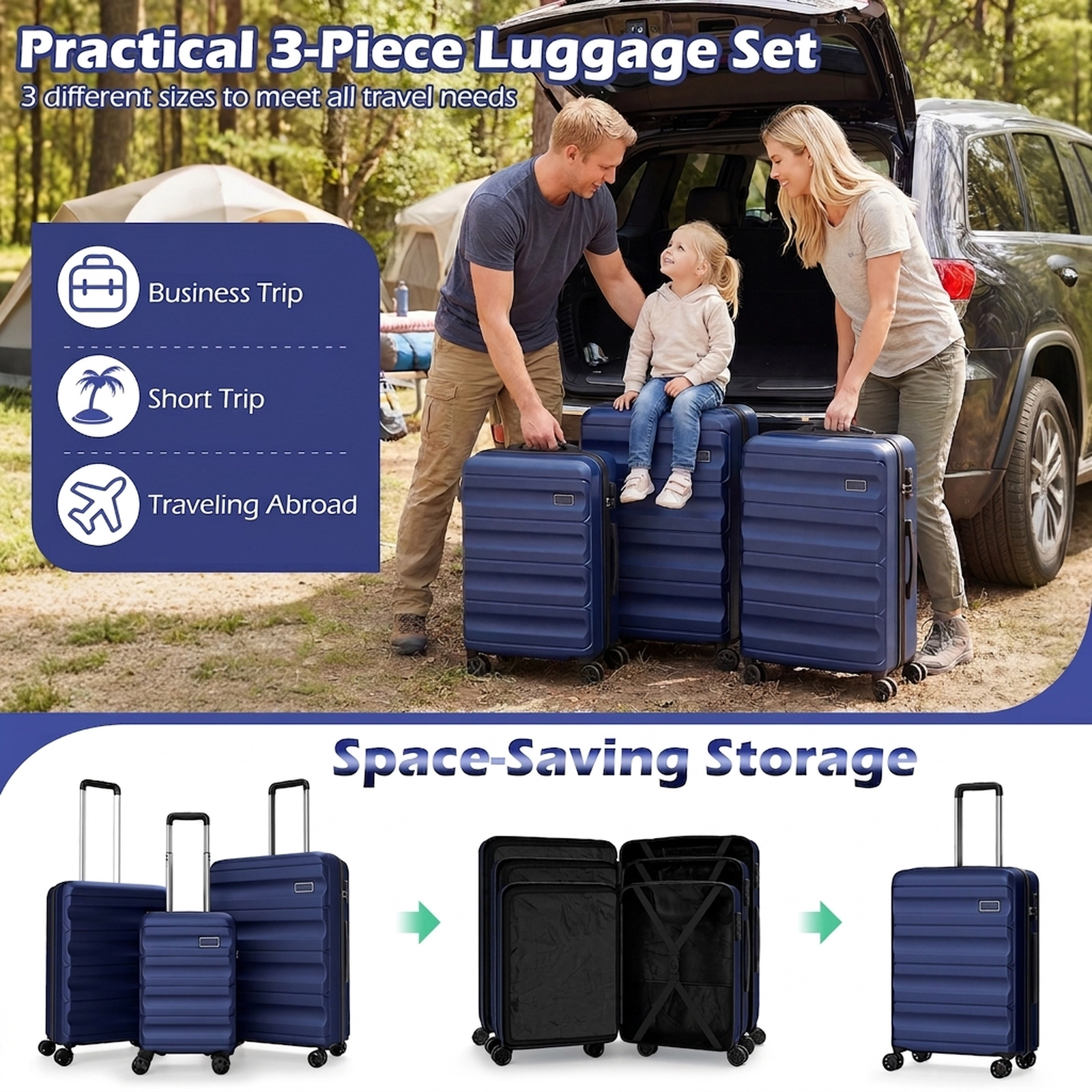 SUGIFT 3-Piece 20-in 24-in 28-in Hardside Nested Spinner Luggage Set 114-L Capacity 21-lb Net Weight Navy