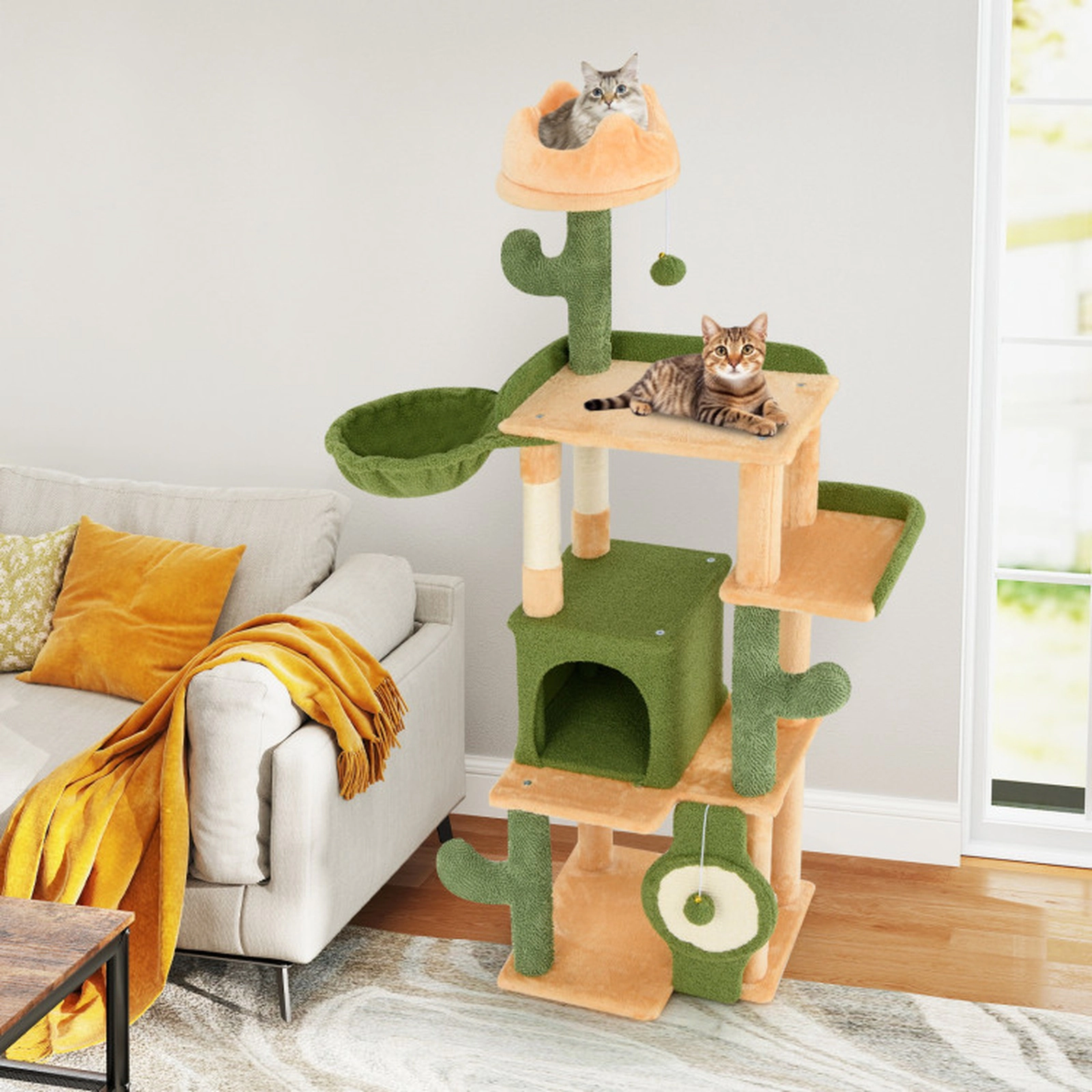 SUGIFT 63-in Cactus Cat Tree with Sisal Scratching Posts, Target Board and Condo 11-lb Capacity Green + Orange