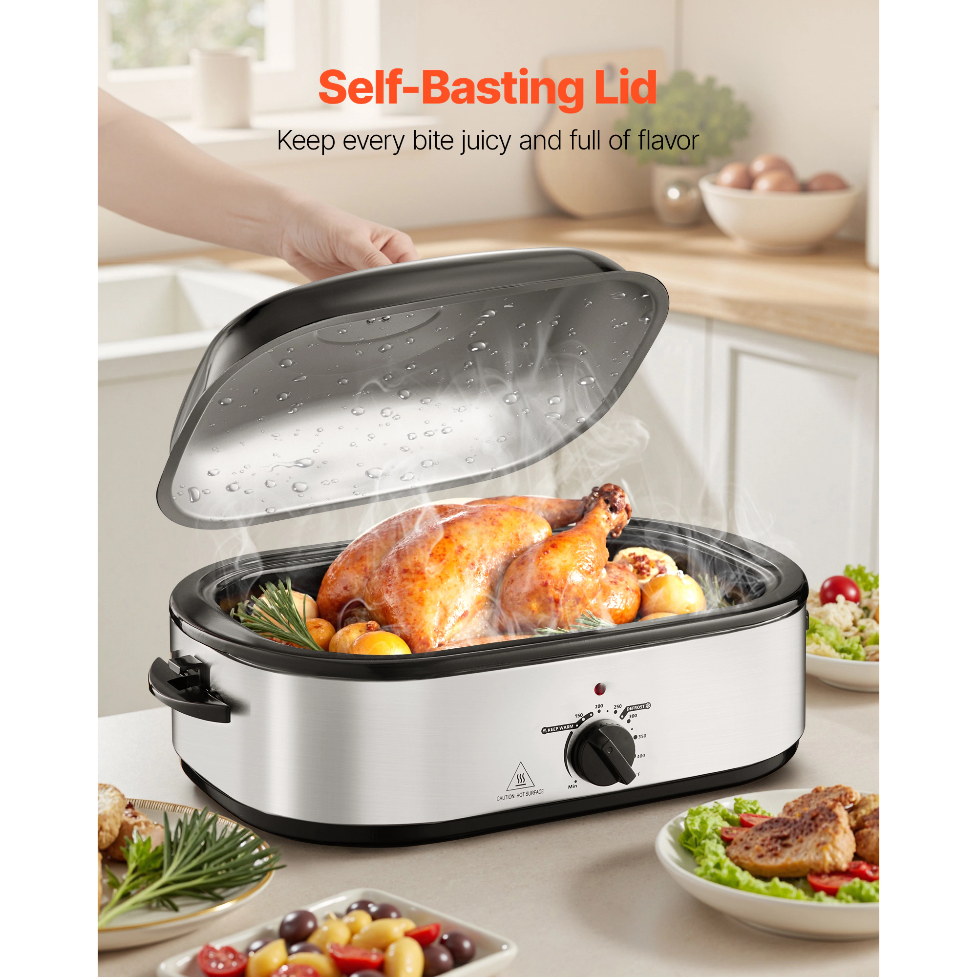 HONGGE Roaster Oven Electric Roasting Pan 150-450℉ Adjustable Temperature Electric Roaster Oven with Self-Basting Lid