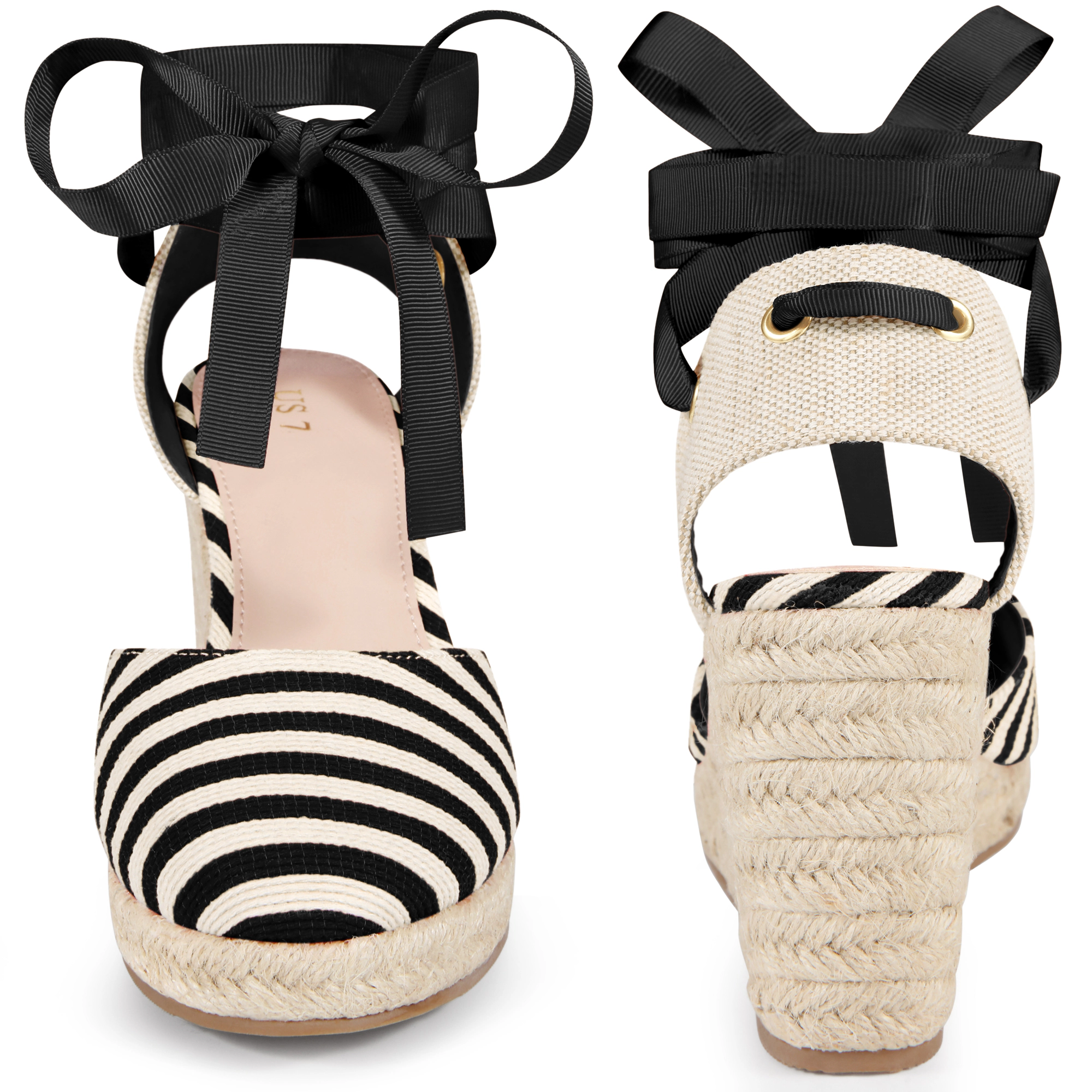 BLISSFUL STEP Women's Stripe Lace Up Low Platform Wedge Espadrilles Sandals