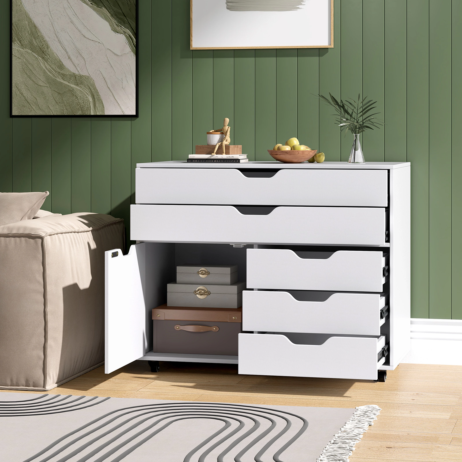 SUGIFT White 30-in 220-lb Capacity 5-Drawer Mobile Rolling Storage Chest with Door and 5 Casters