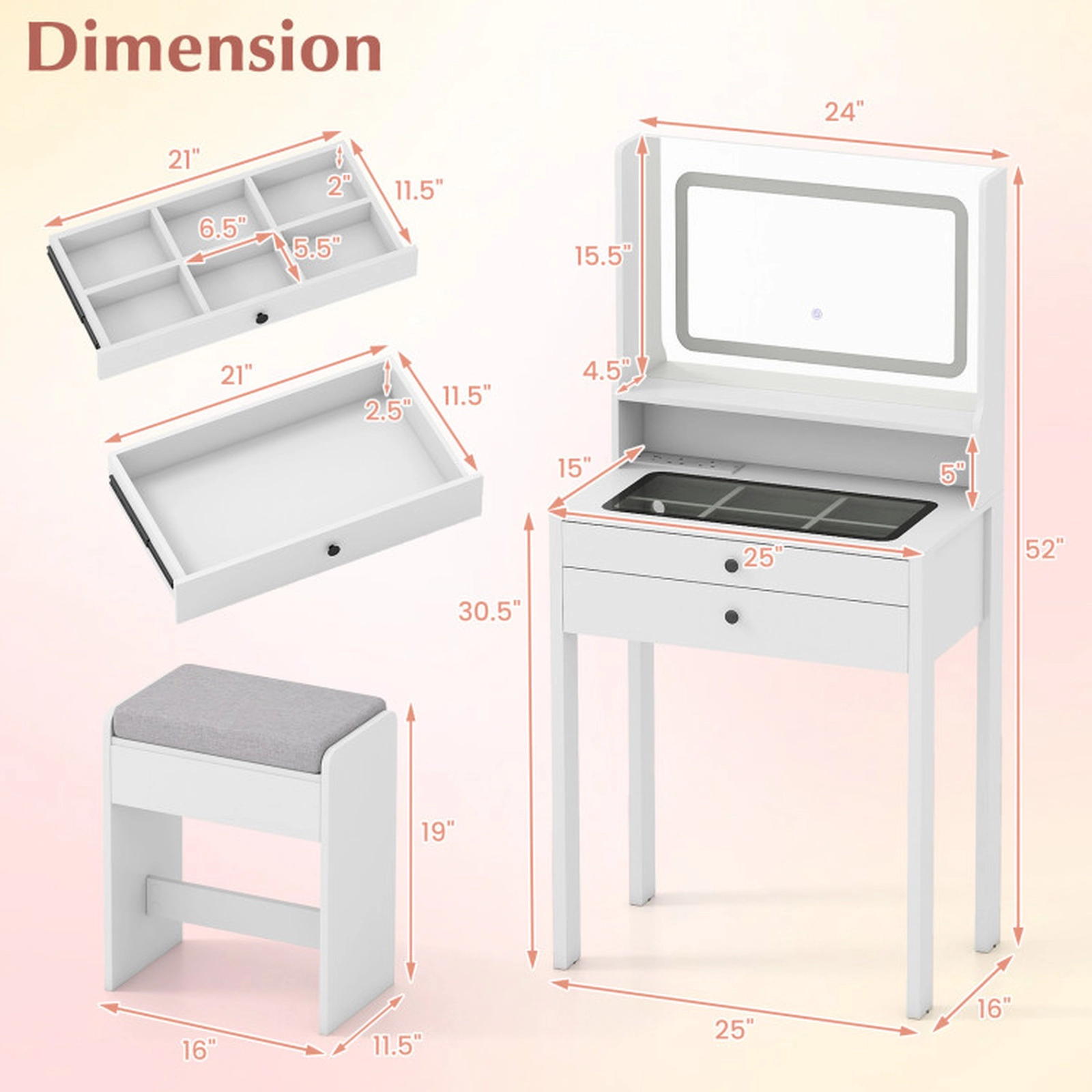 SUGIFT Small Vanity Desk with Mirror Lights & Glass Top 77-lb Table 165-lb Stool Capacity 25 x 16 x 52 in White/Natural