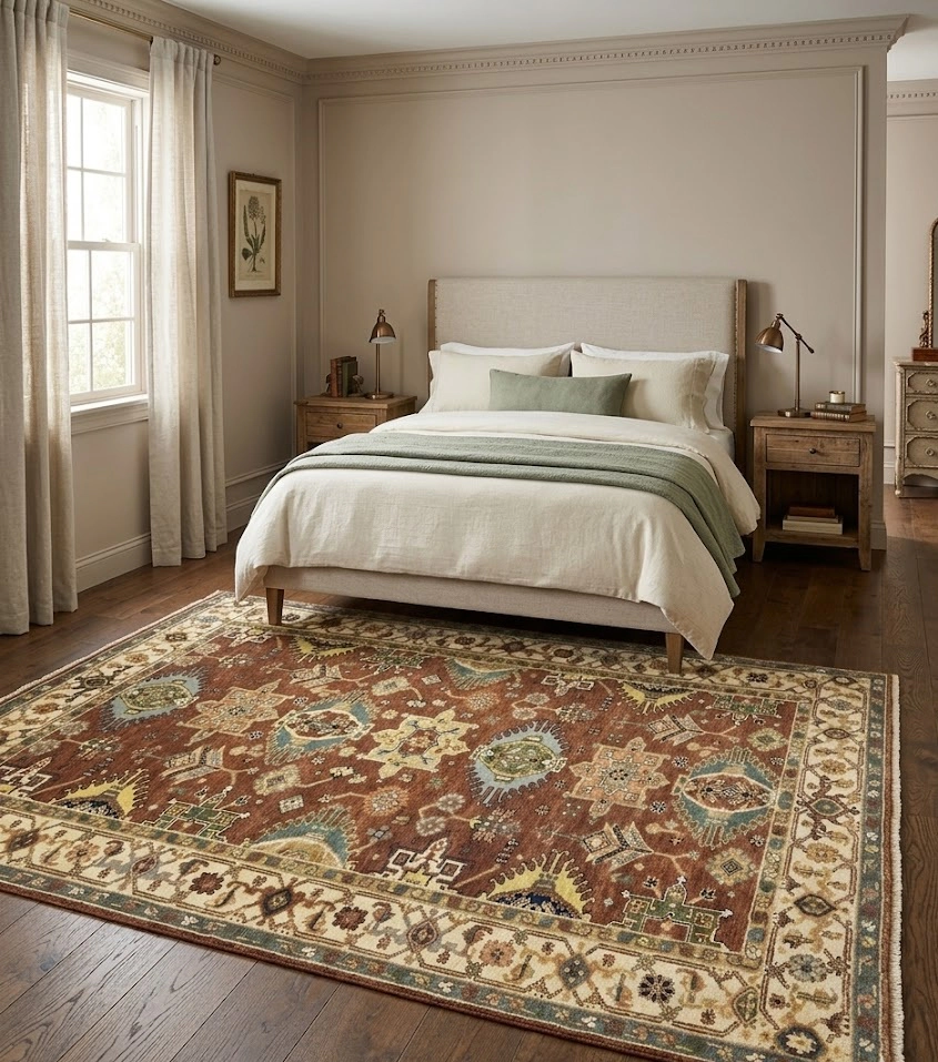 Magic Rugs 5'0 X 8'0 Hand Knotted Rust & Cream Indo-Karajeh Wool Rug