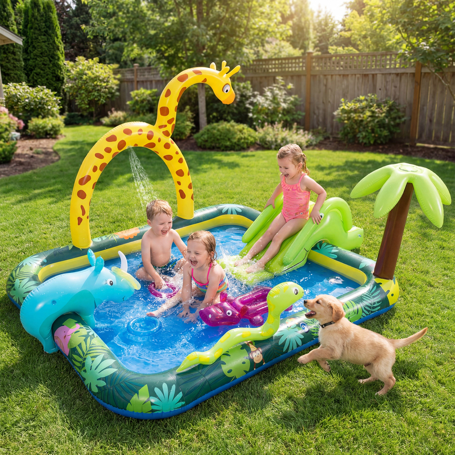 Hivvago Inflatable Play Center Jungle Animal Spray Pool with Slide Giraffe-shaped Sprinkle