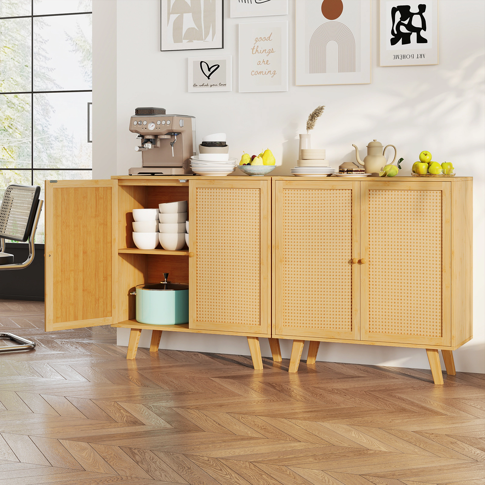 SUGIFT 31.5-in Natural Bamboo Buffet Cabinet with PE Rattan Doors and Shelf Freestanding Kitchen Cupboard