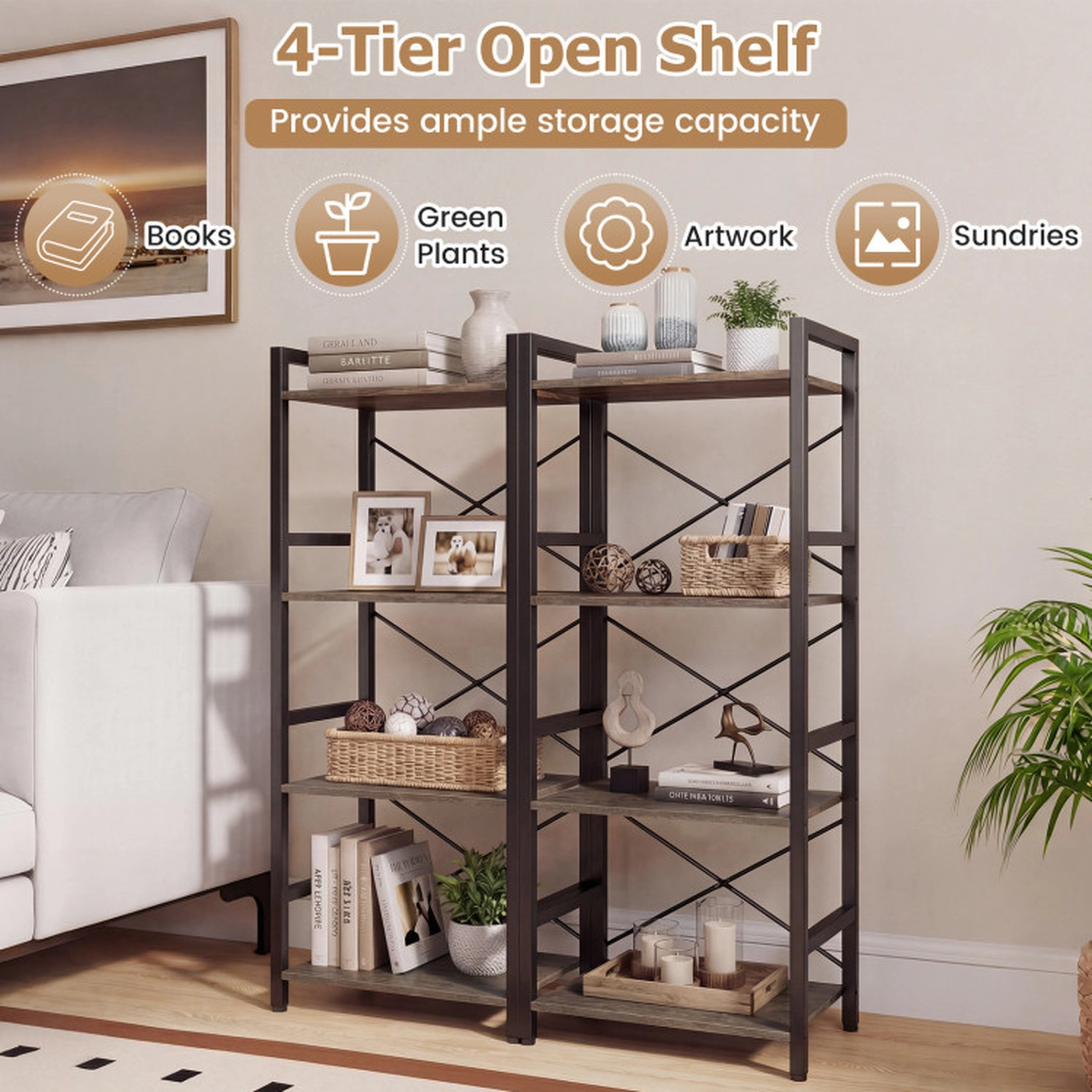 SUGIFT 4-Tier Narrow Freestanding Bookshelf Display Shelf 132-lb Capacity Rustic Brown + Black/Gray Oak + Black