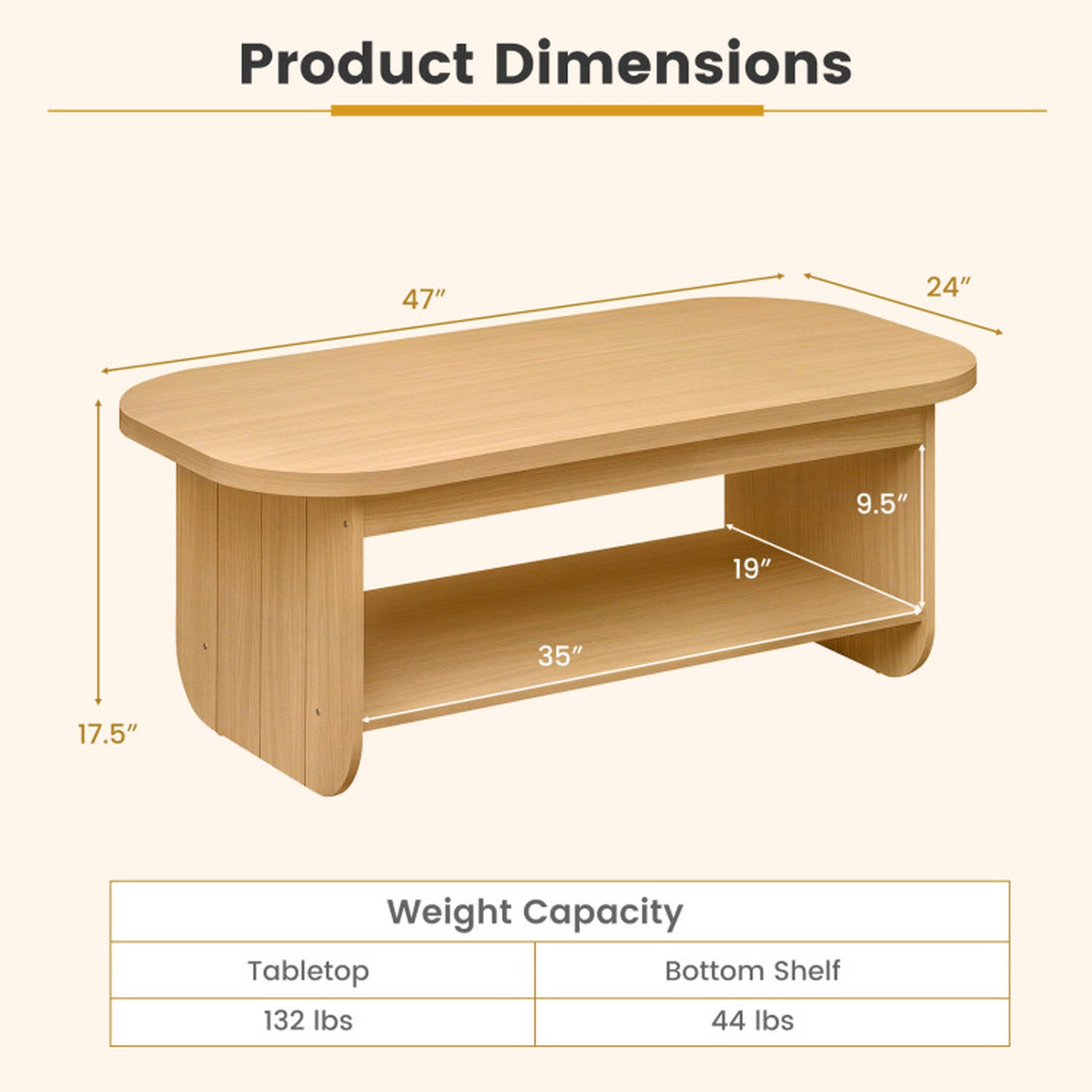 SUGIFT 2-Tier Oval Fluted Engineered Wood Mid Century Coffee Table 47-in x 24-in x 17.5-in 132-lb Capacity Natural