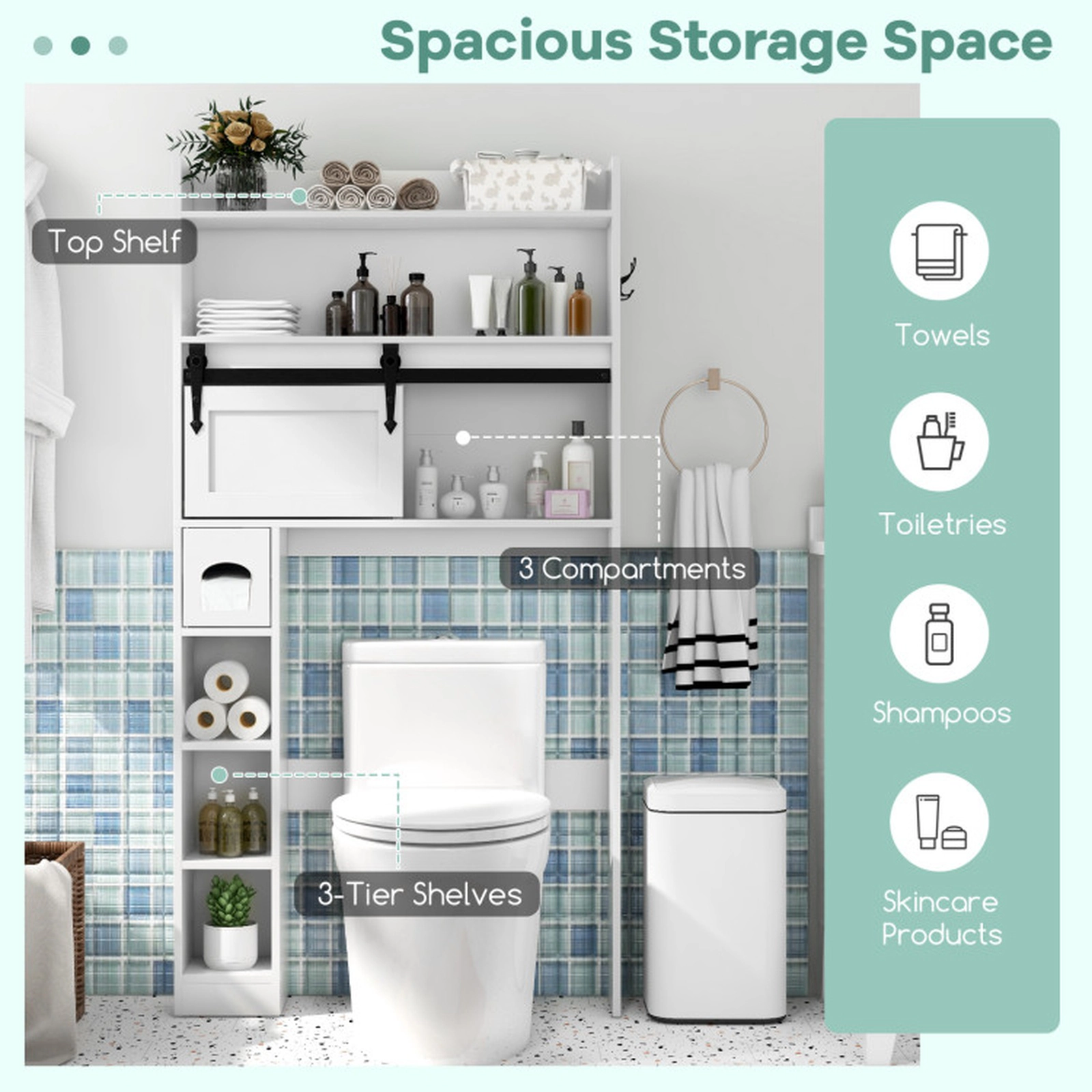SUGIFT Sliding Barn Door 3-Tier Shelves Over The Toilet Storage Cabinet 32-in x 7.5-in x 62-in 200-lb Capacity White