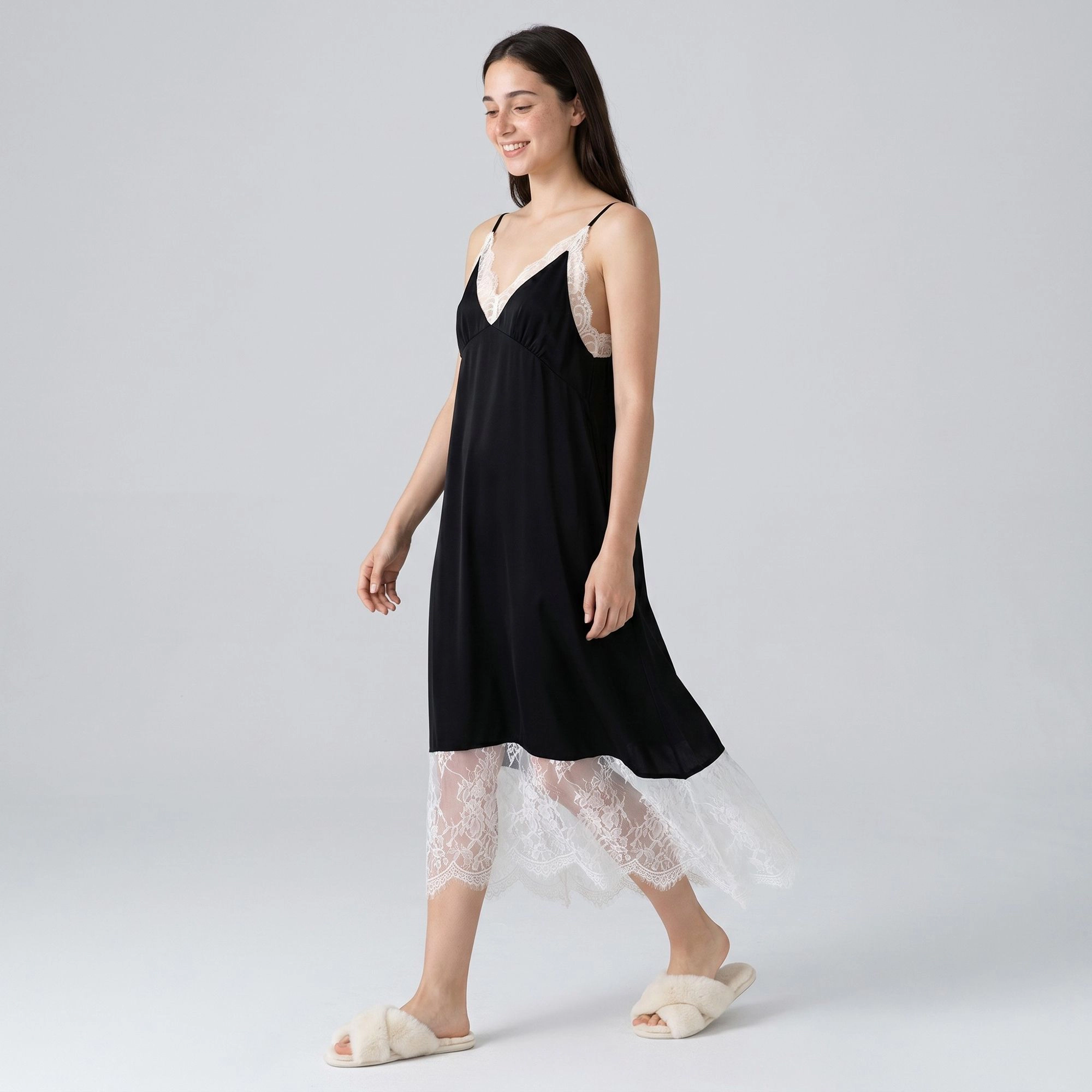 Anna-Kaci Women's Sleeveless Slip Dress with Lace Trim V Neck and Midi Length