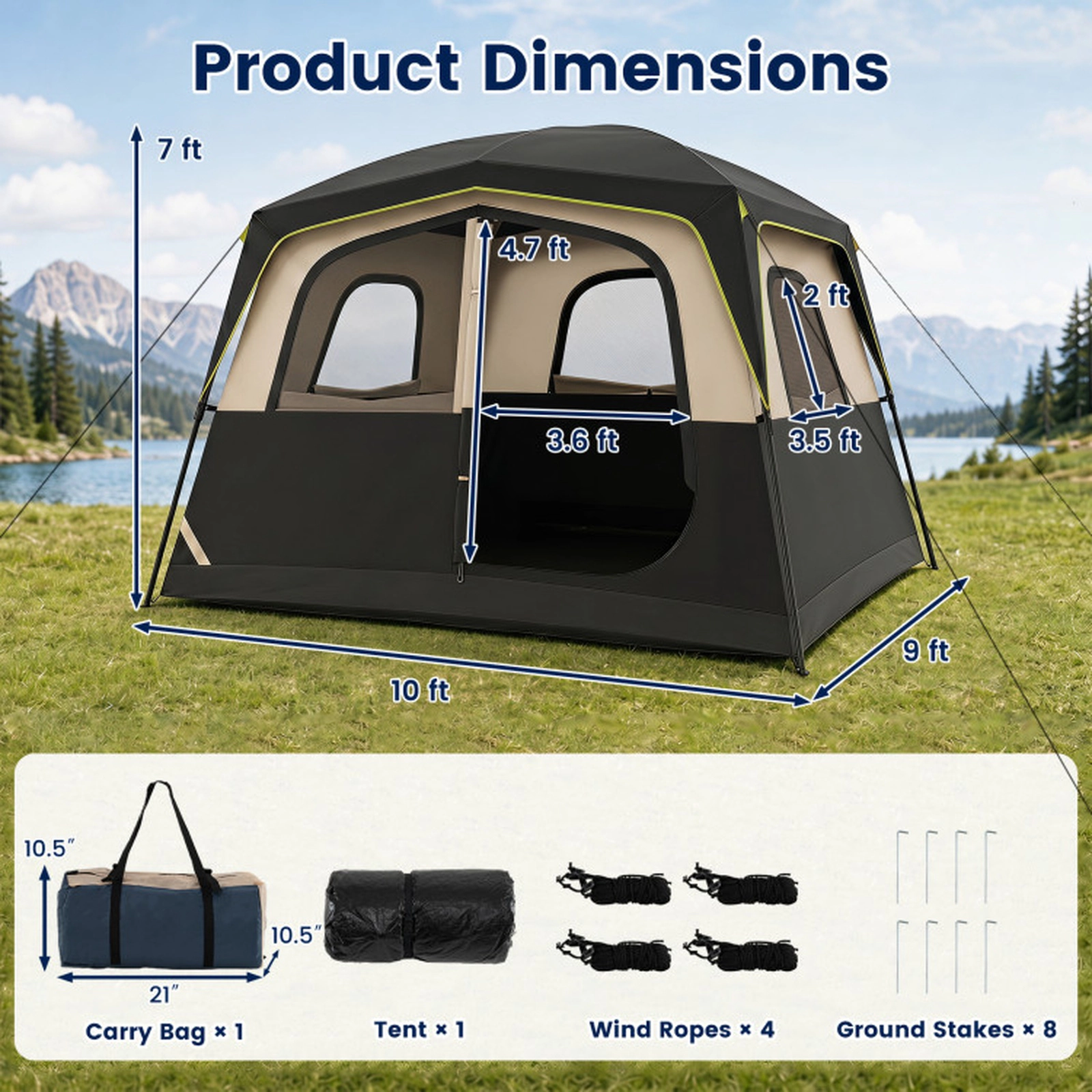 SUGIFT 6-Person Black Cabin Camping Tent with Top Rainfly and 3 Mesh Windows 10-ft W 9-ft D 7-ft H