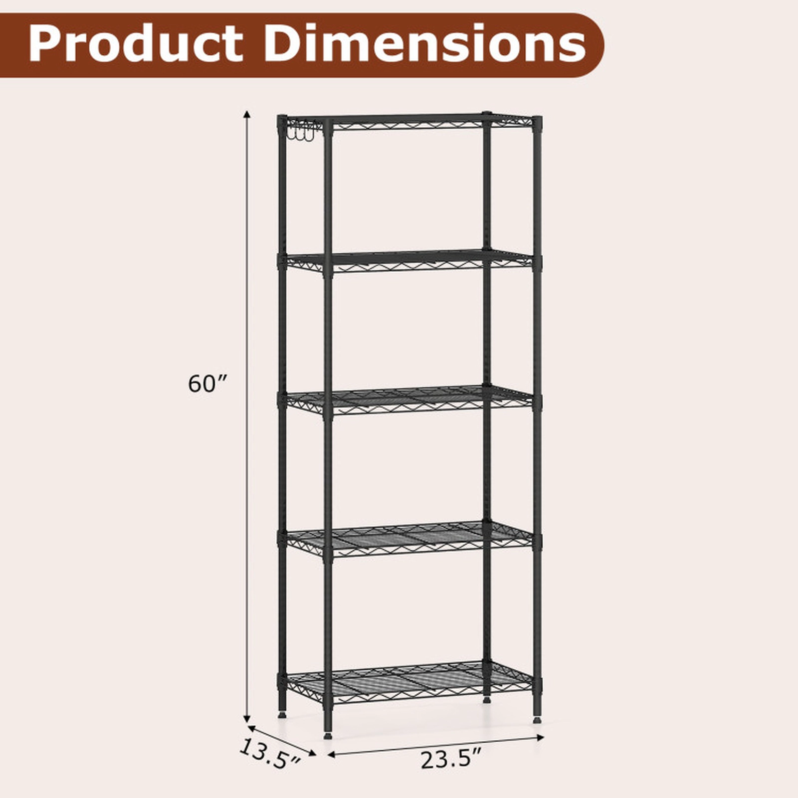 SUGIFT 5-Tier Adjustable V-Shaped Wire Rack Metal Storage Shelving 23.5-in x 13.5-in x 60-in 750-lb Capacity Black
