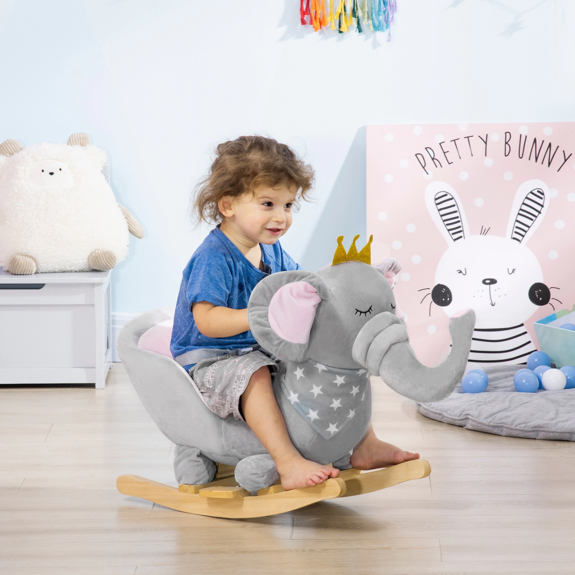 HONGGE Plush Elephant Rocking Chair with Sound & Seatbelt, Wood Base, Holds up to 110 lbs, Ages 18-36 Months, Gray