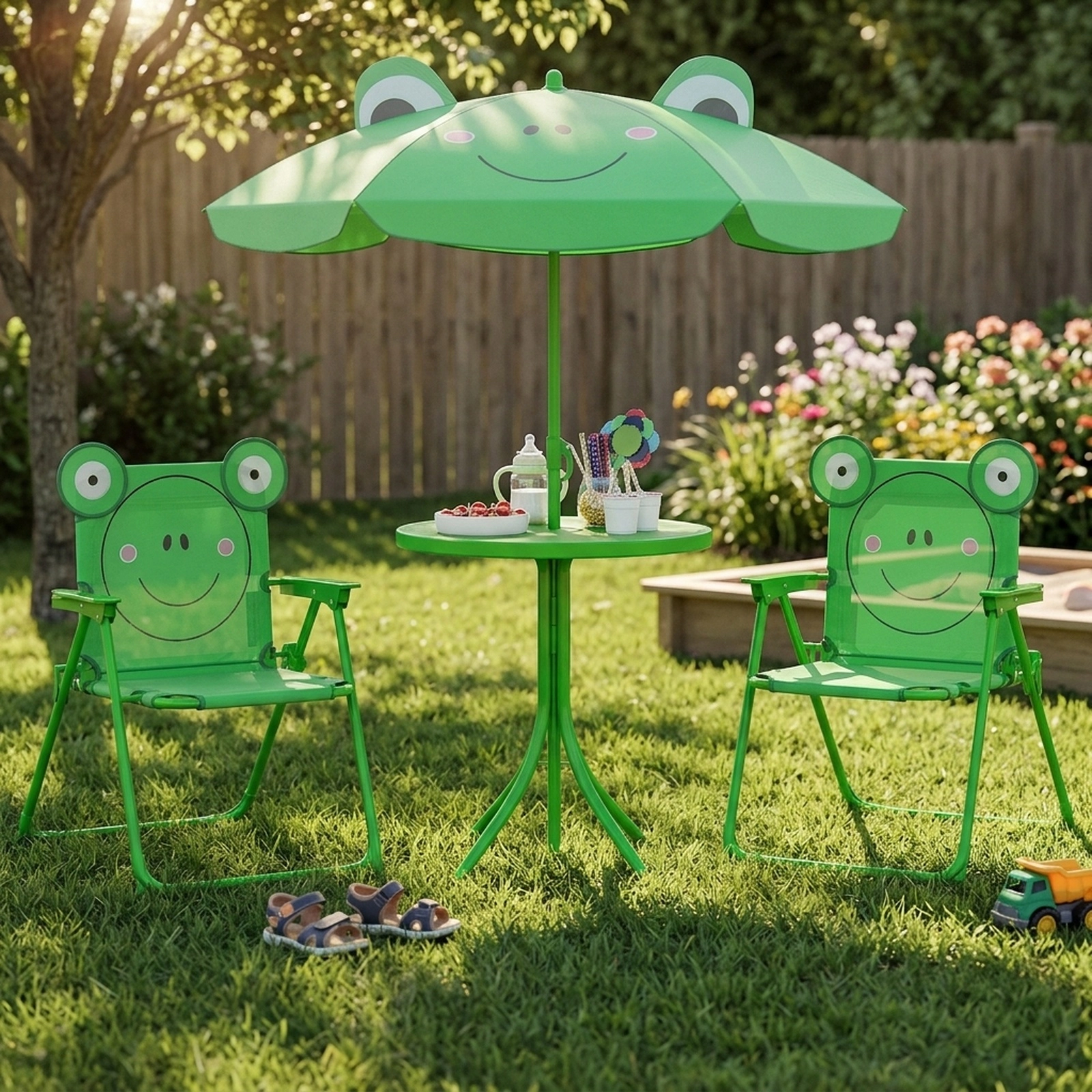 SUGIFT Kids Picnic Table Set, 4-Piece Green Folding Set with 2 Chairs and Removable Umbrella