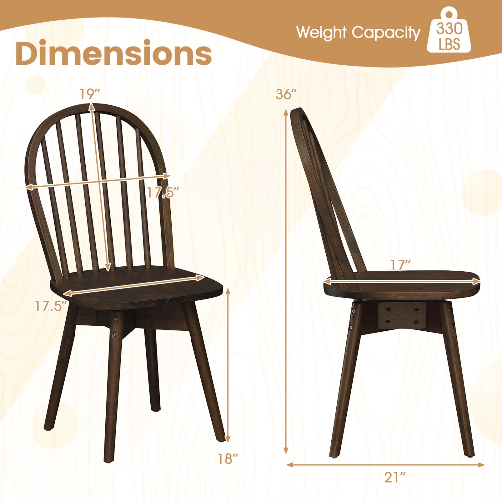 SUGIFT Swivel Windsor Dining Chairs Set of 2 with Solid Rubber Wood Frame 330-lb Capacity Walnut