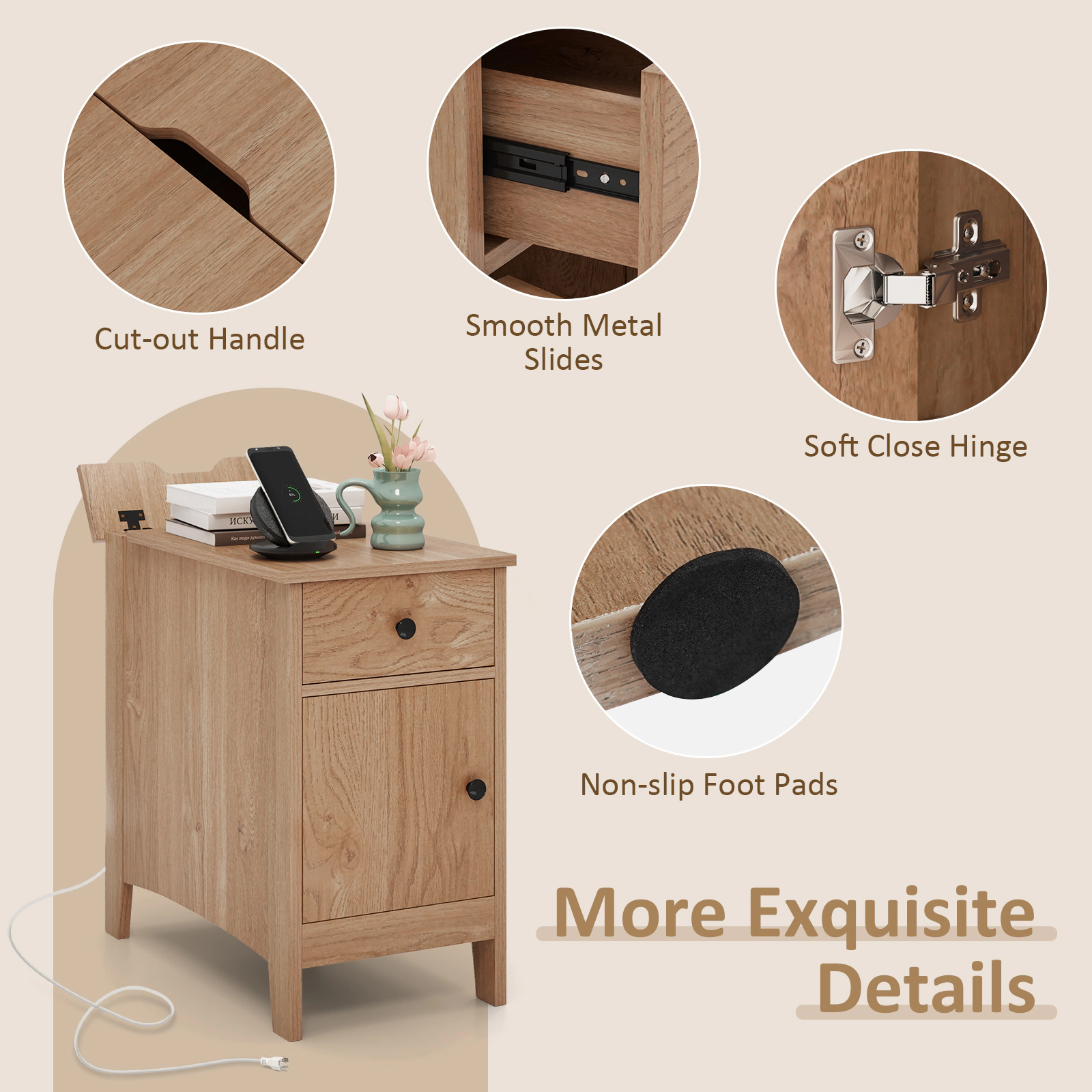 Hivvago Modern End Table with Power Outlets, USB Charging Ports, and Flip-Top Compartment