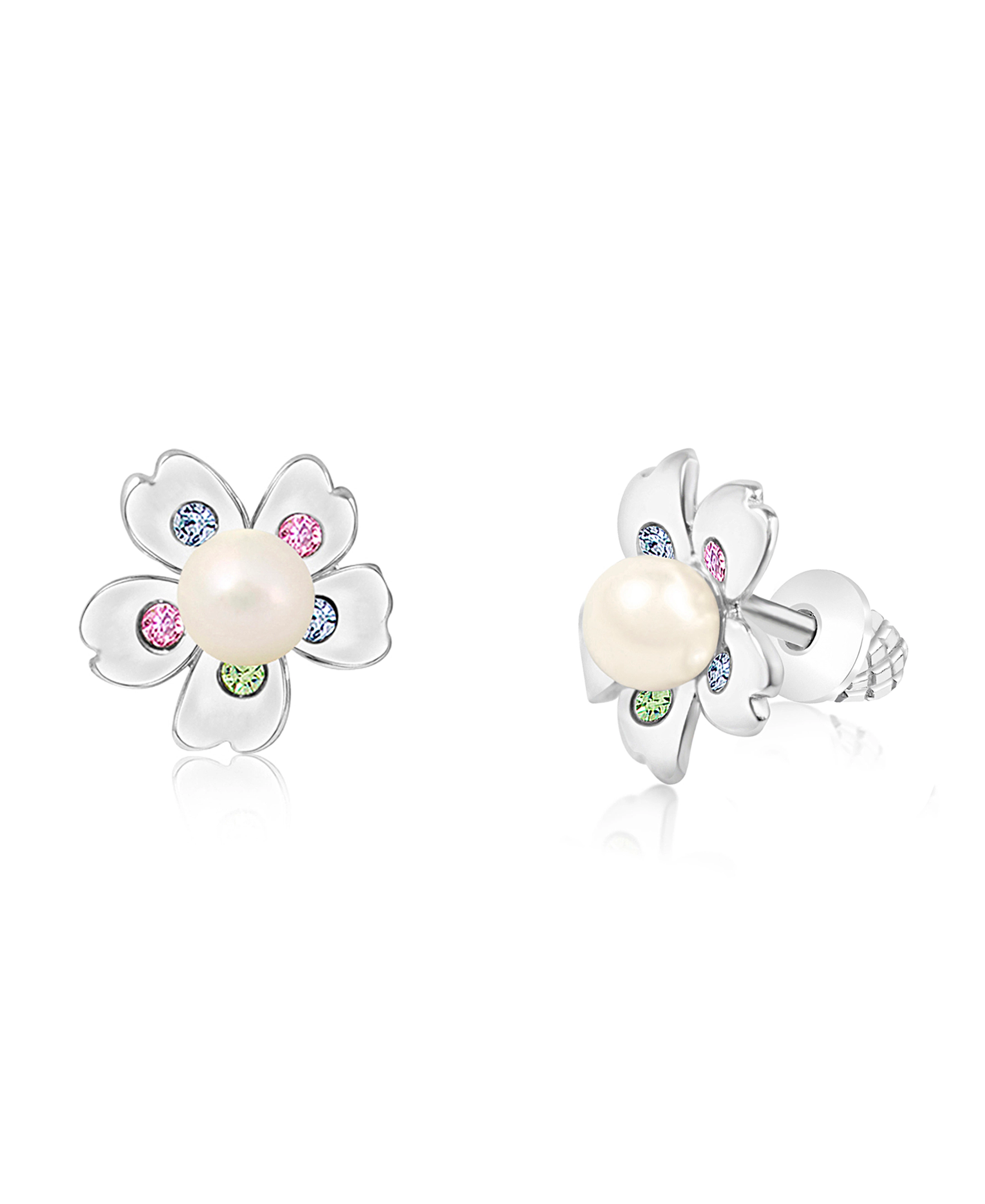 CHANTEUR Girls Flower Pearl Crystal Screw-Back Stud Earrings - White Gold Palladium Plating