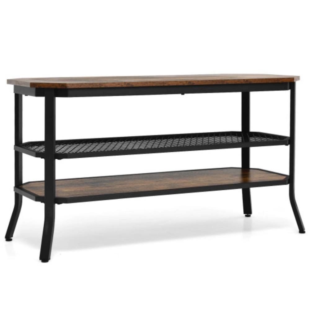 Hivvago 3-Tier Console Table Tv Stand With Mesh Storage Shelf-Rustic Brown