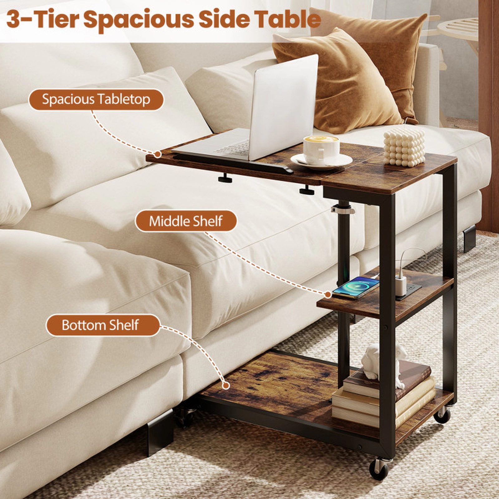 SUGIFT 3-Tier Mobile Couch Side Table with Tiltable Tabletop 44-lb Tabletop Capacity 26-32.5 in Height Rustic Brown