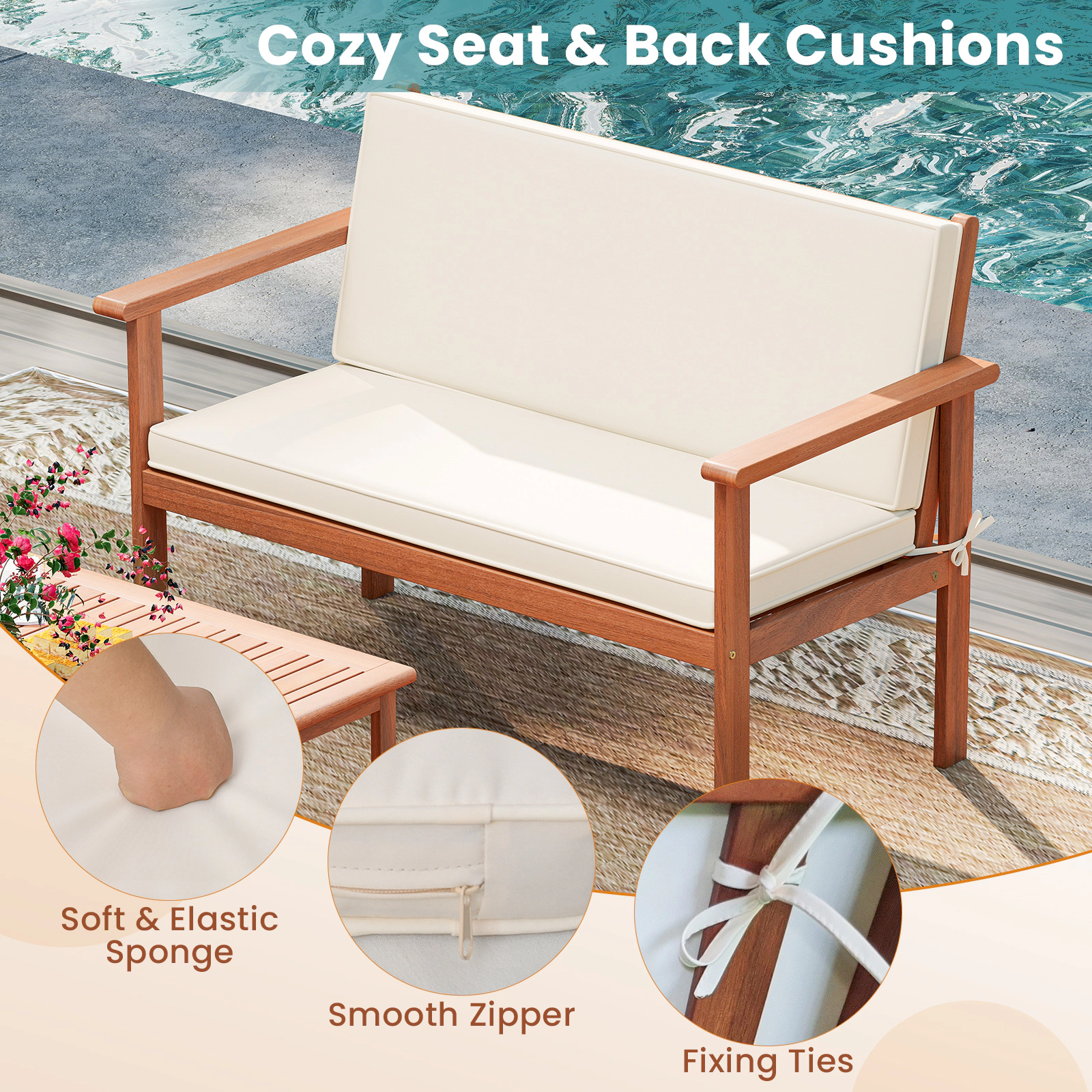 SUGIFT 4-Piece Off-White Acacia Wood Patio Sofa Set with Loveseat, Armchairs and Coffee Table
