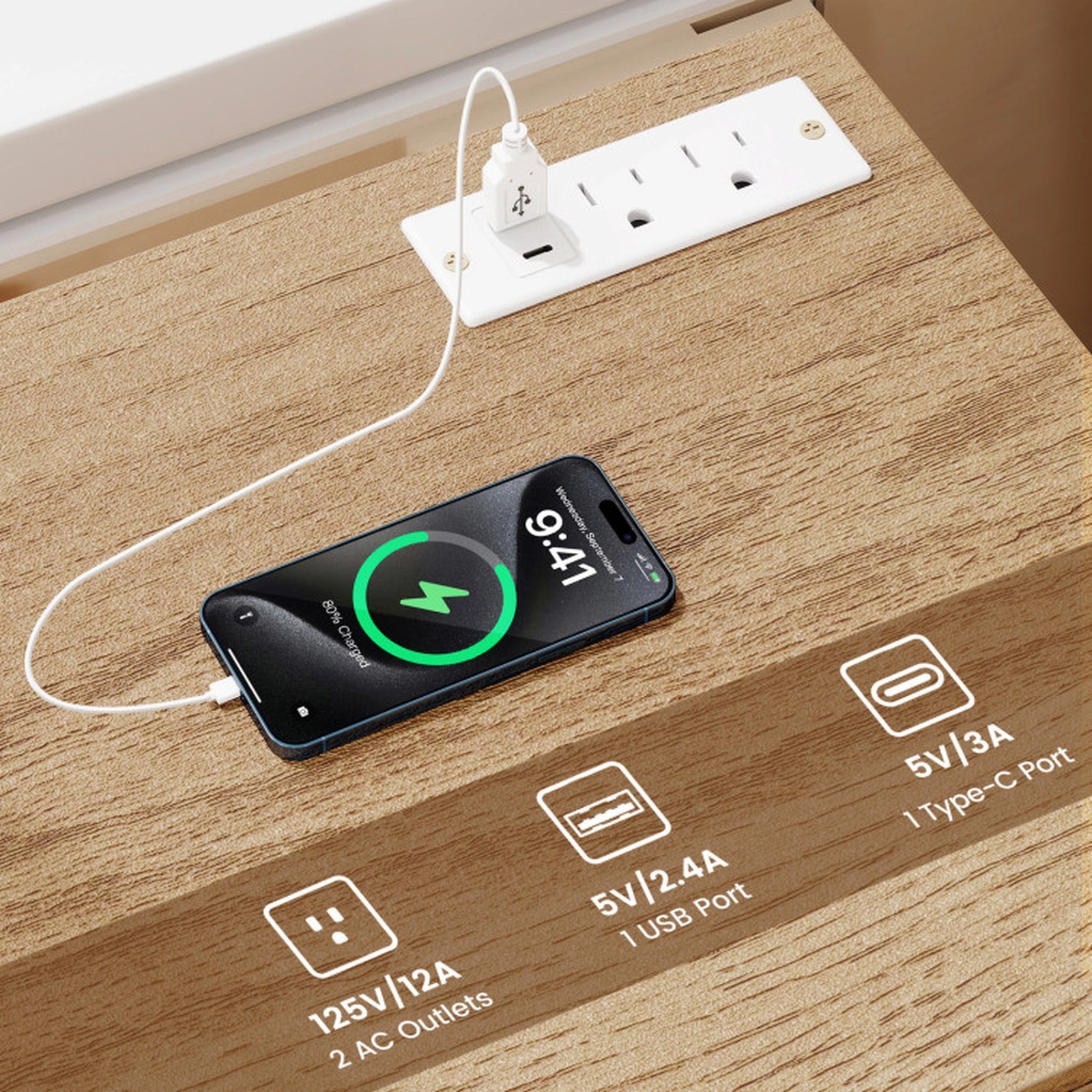 SUGIFT Set of 2 Nightstands with Charging Station and 3 Drawers 44-lb Countertop Capacity Natural