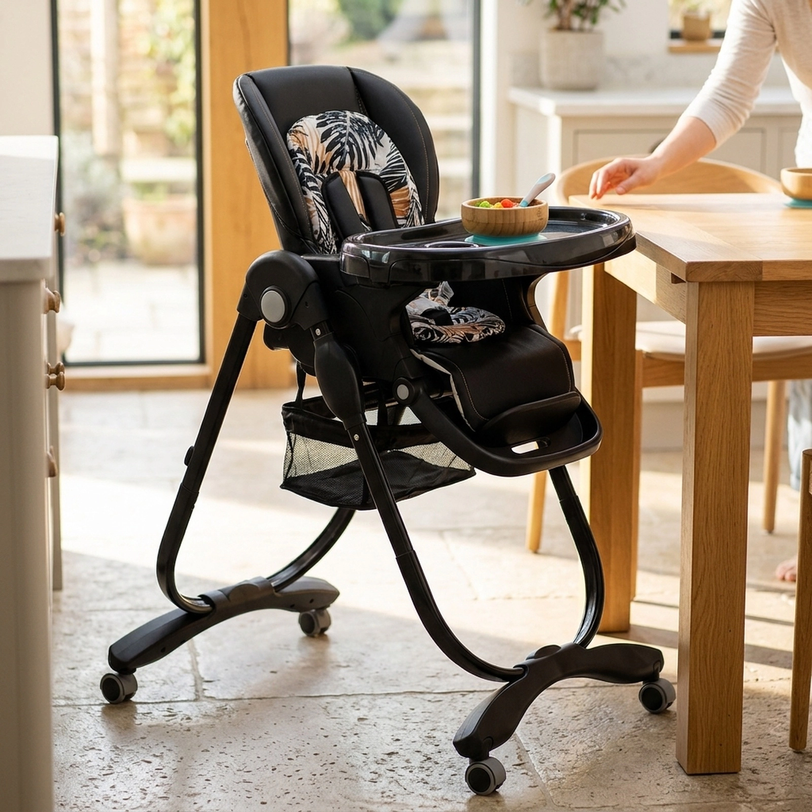 Multifunctional Folding Baby High Chair Lockable Swivel Wheels 7 Adjustable Heights Removable Cup-Slot Tray Black
