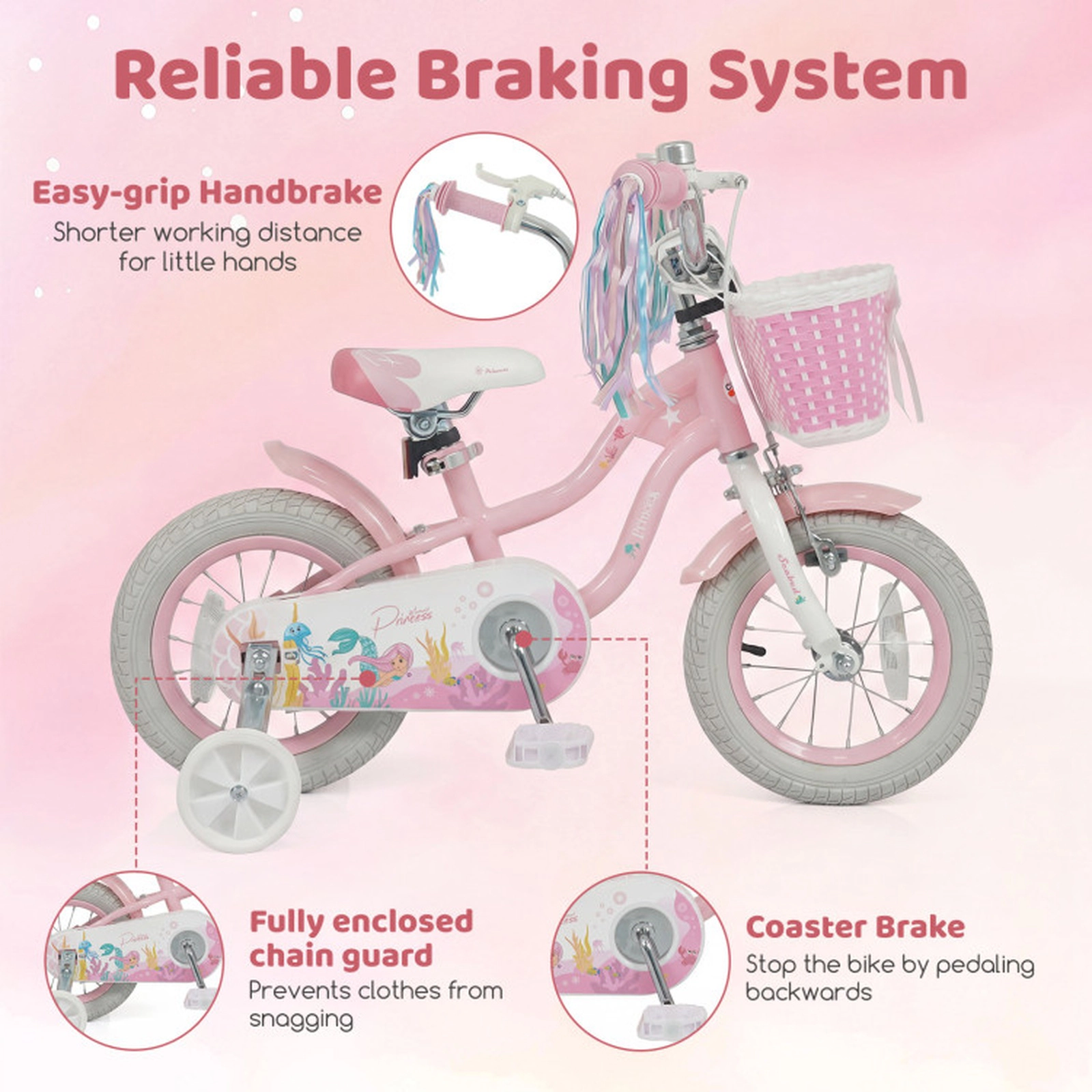 SUGIFT Adjustable 12-Inch Kids Bicycle with Training Wheels Basket and Streamers 110-lb Capacity Ages 3-4 Pink