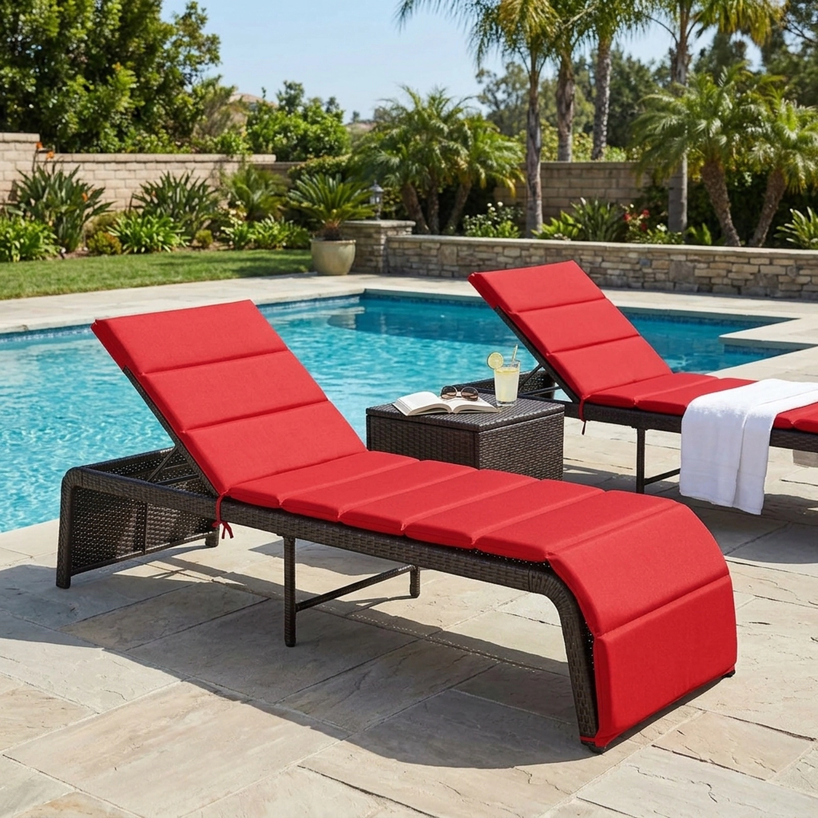 SUGIFT Red Patio Rattan Lounge Chair, 5-Position Reclining Backrest, Washable Cushion