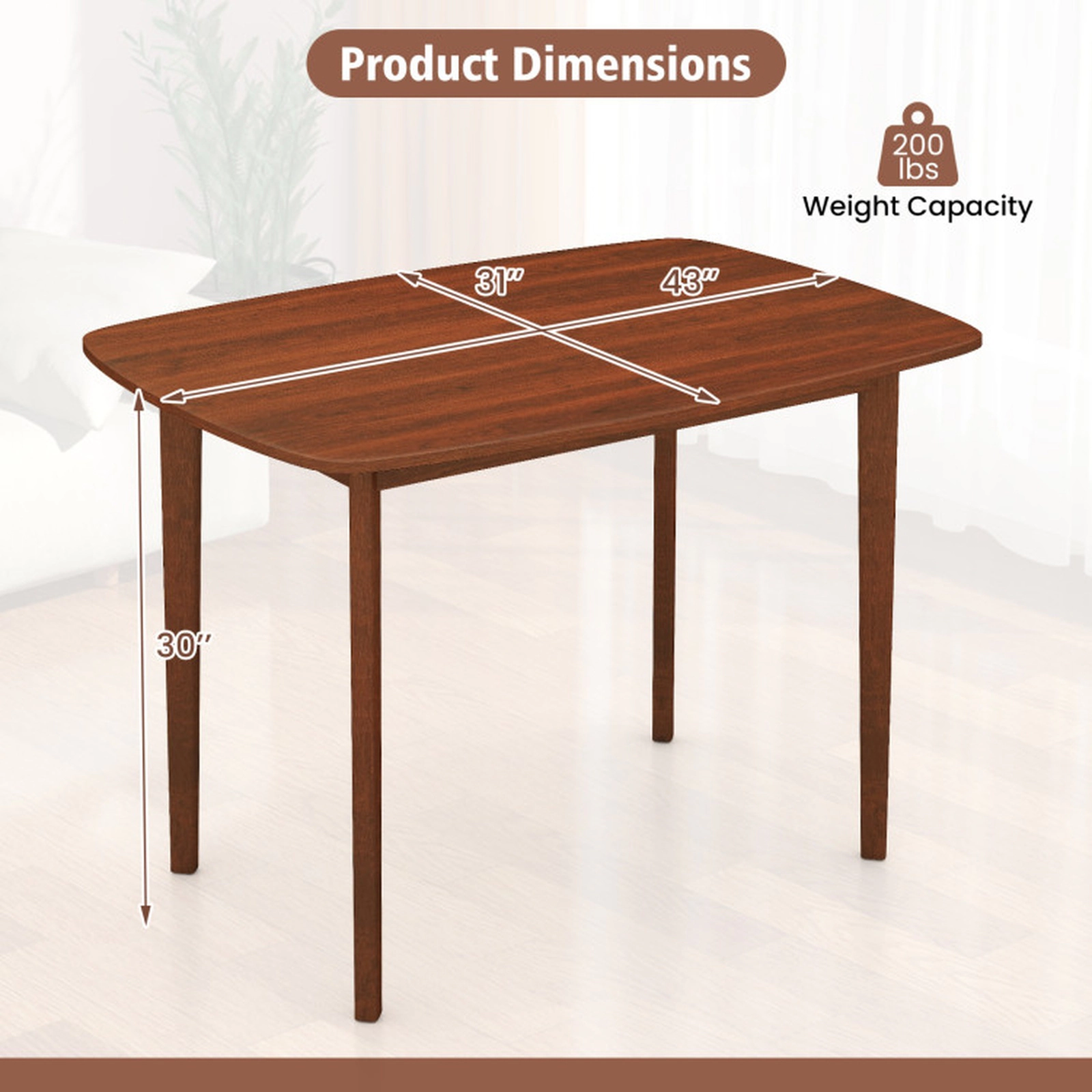 SUGIFT 43-In Walnut Rectangular Dining Table for 4, Wood Table with Rubber Wood Legs