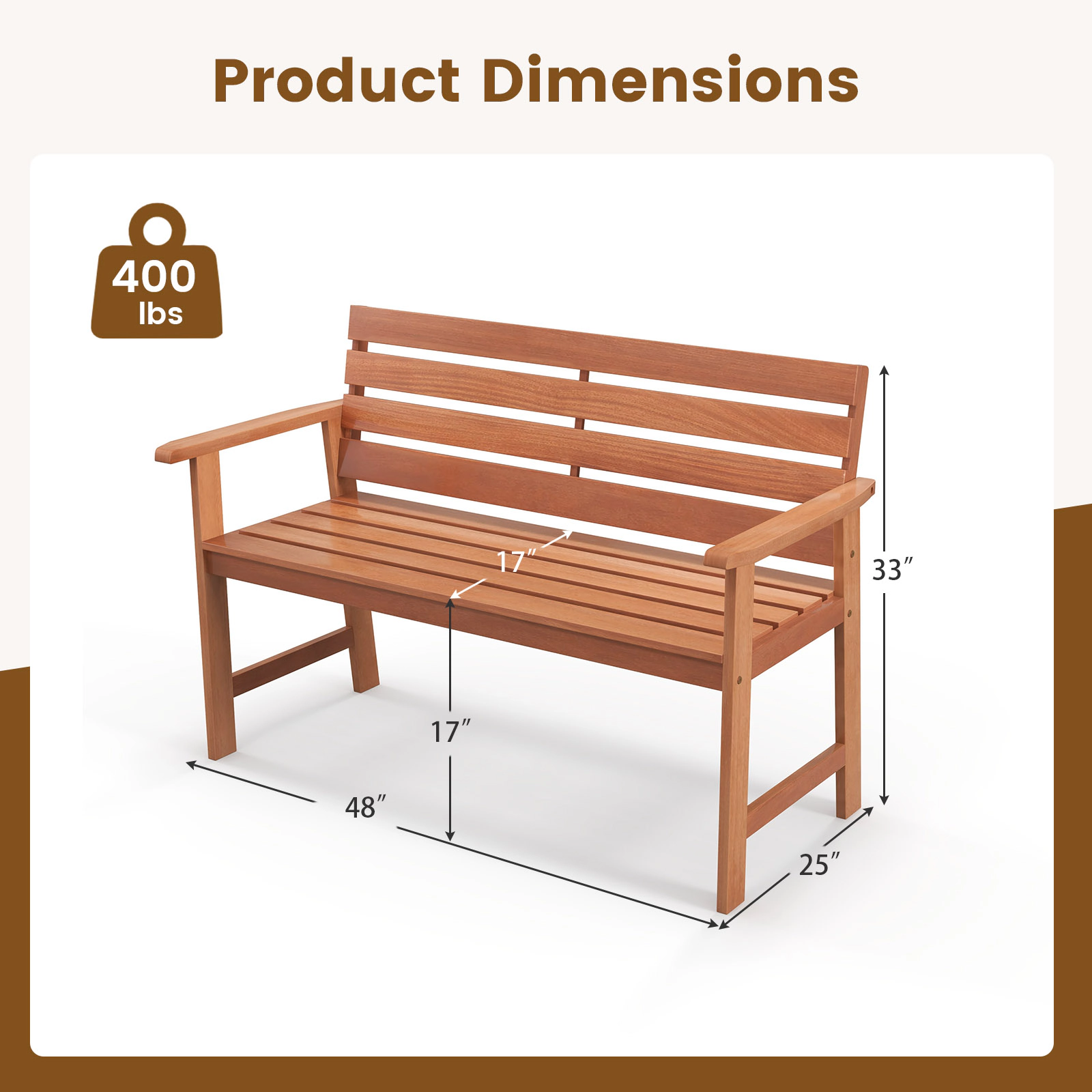 SUGIFT 48-In Solid Wood Outdoor Bench, 2-Seat, Natural, 400-Lb Capacity, Inclined Backrest
