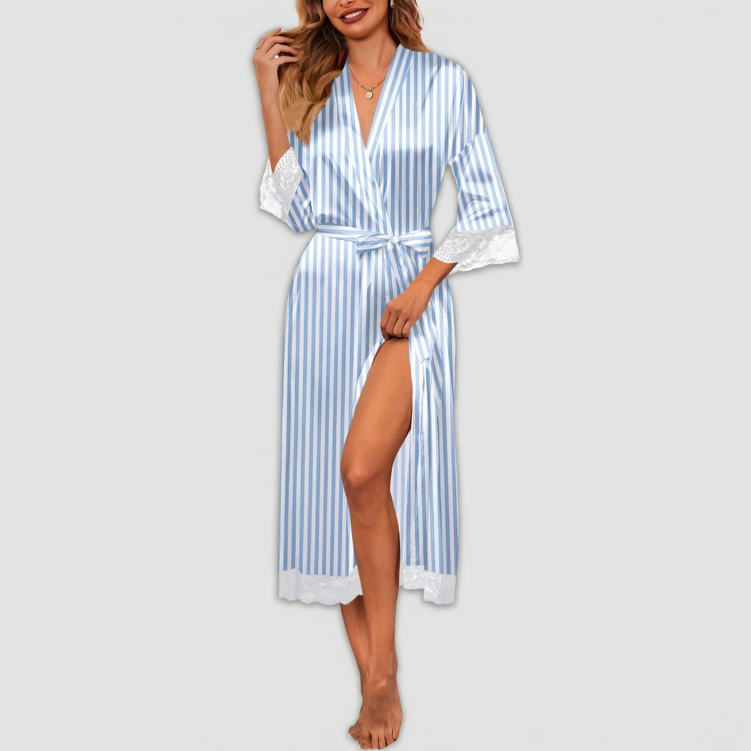Ekouaer Women's Satin Robe 3/4 Sleeve Lace Trim Long Kimono Bathrobe with Belt
