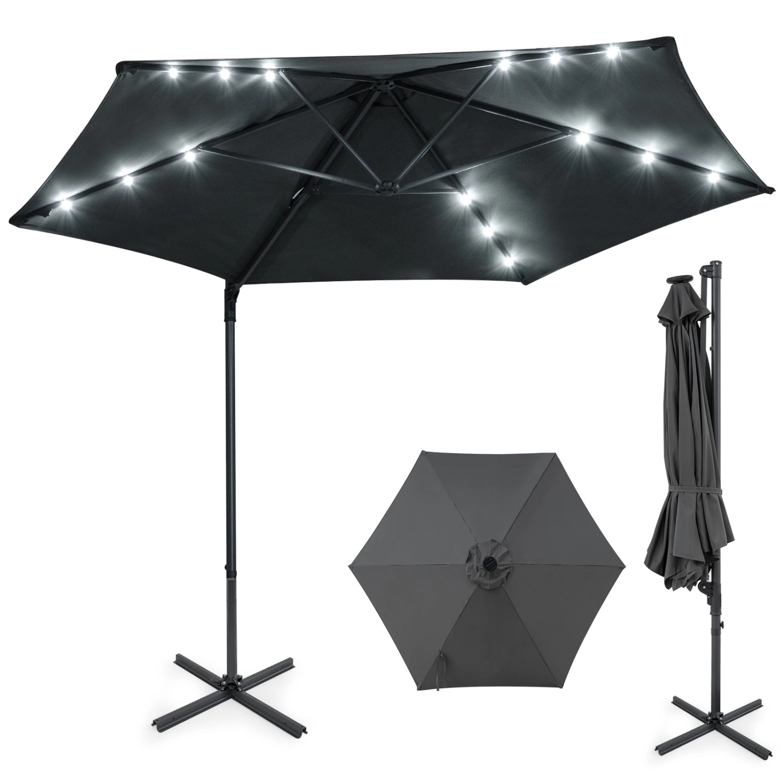 SUGIFT 10 ft Cantilever Patio Umbrella with Solar LED Lights and Foot Pedal Rotation