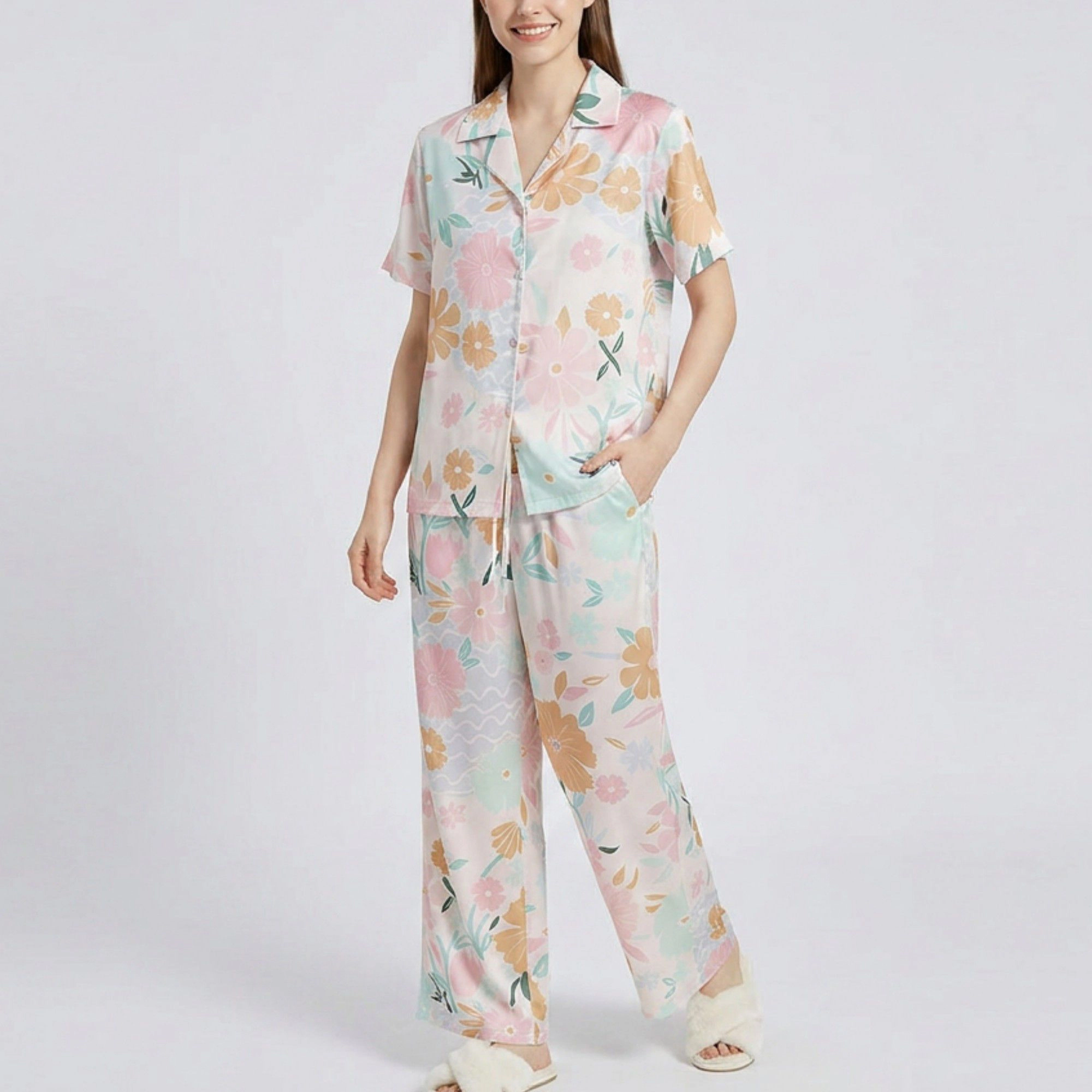 Anna-Kaci Women's 2-Piece Soft Floral Pajama Set with Short Sleeve Button Top and Wide Leg Pants