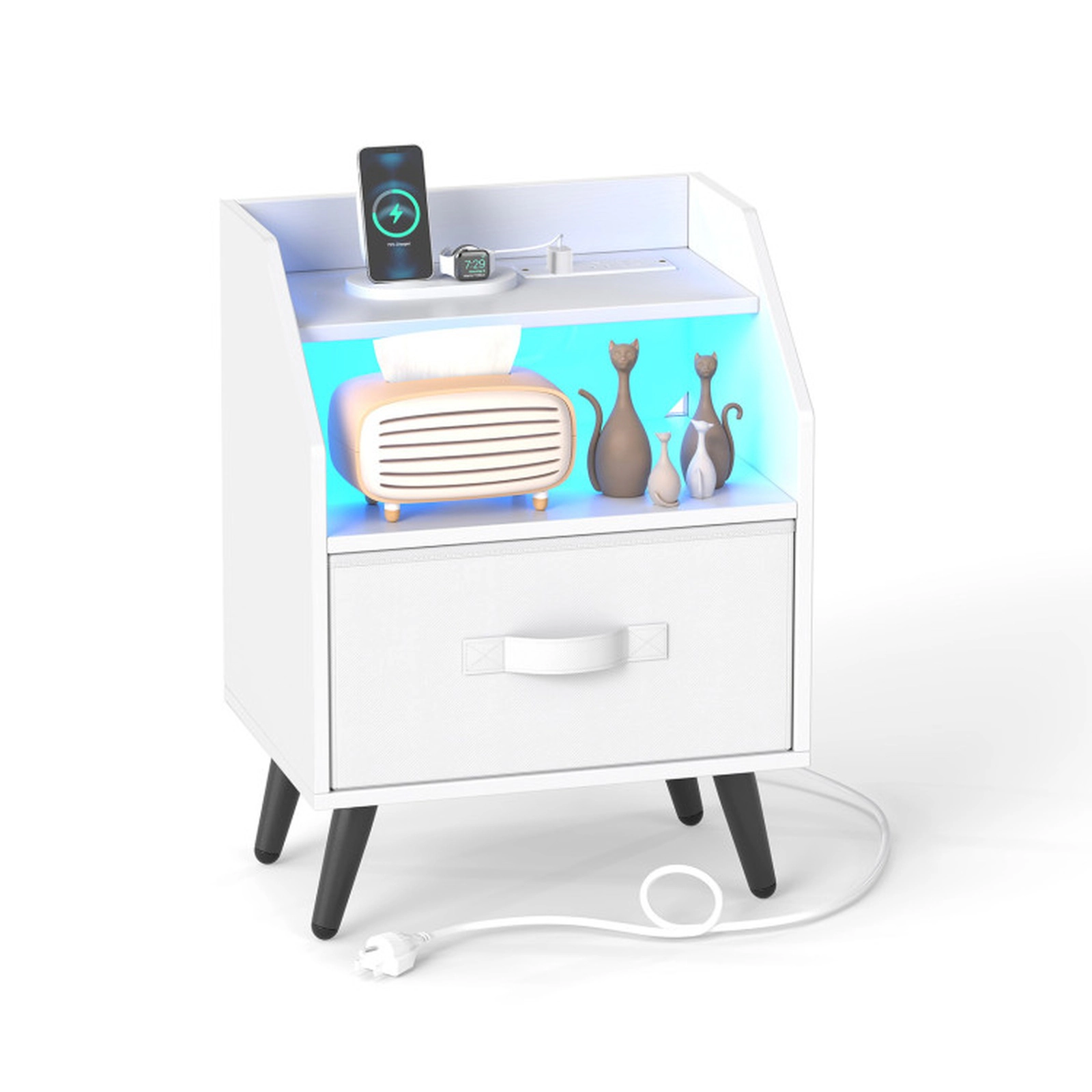 SUGIFT LED Charging Nightstand with Fabric Drawer and Open Shelf 15.5-in W 11.5-in D 21-in H in White