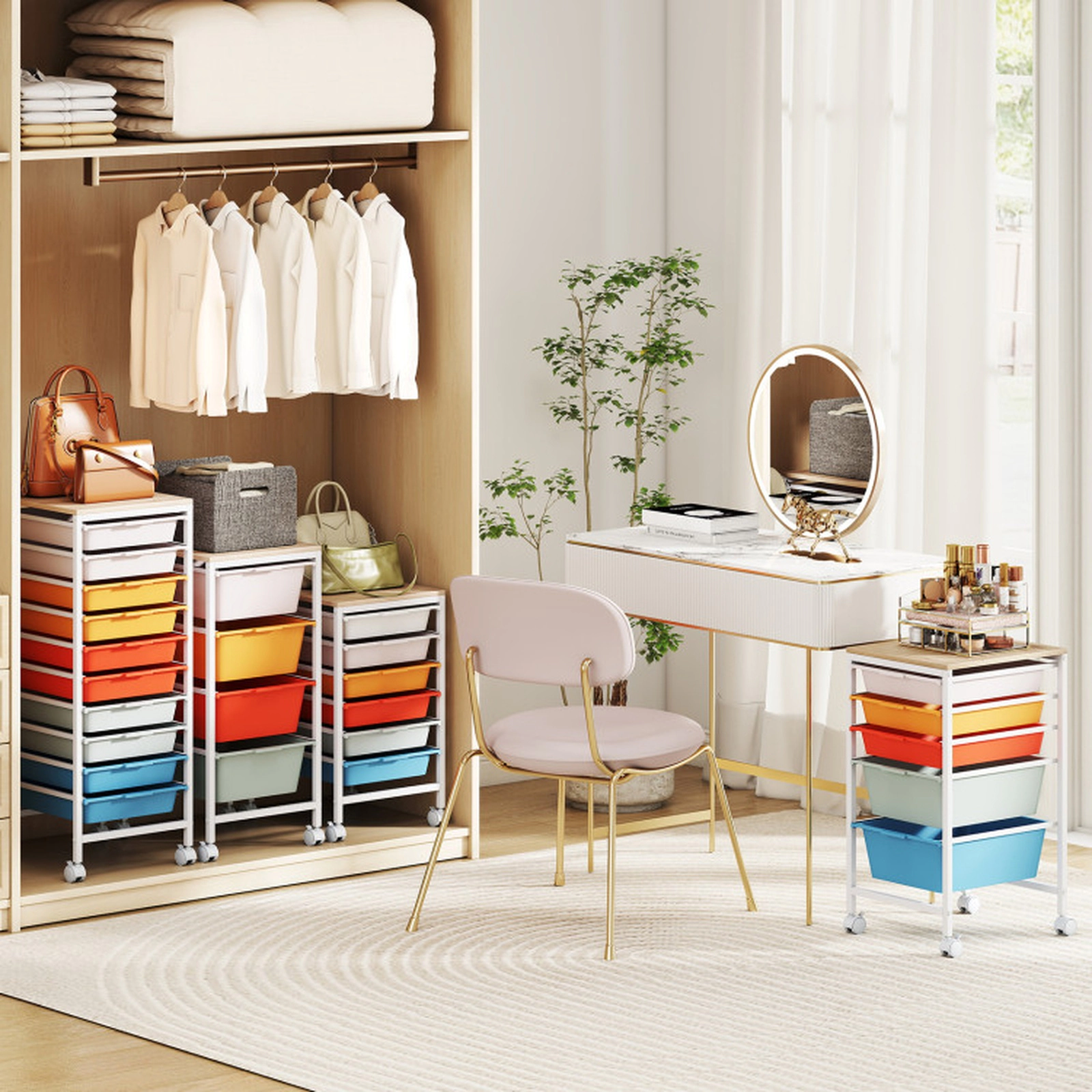 SUGIFT 6-Drawer Rolling File Storage Cart with Wooden Tabletop 35-lb Capacity 14.5-in Wide Natural + White/Macaron