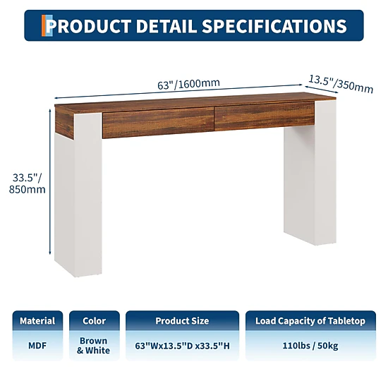 BebreezChic 63" Console Table with 2 Drawers, Narrow Entryway Sofa Table Behind Couch for Hallway & Living Room