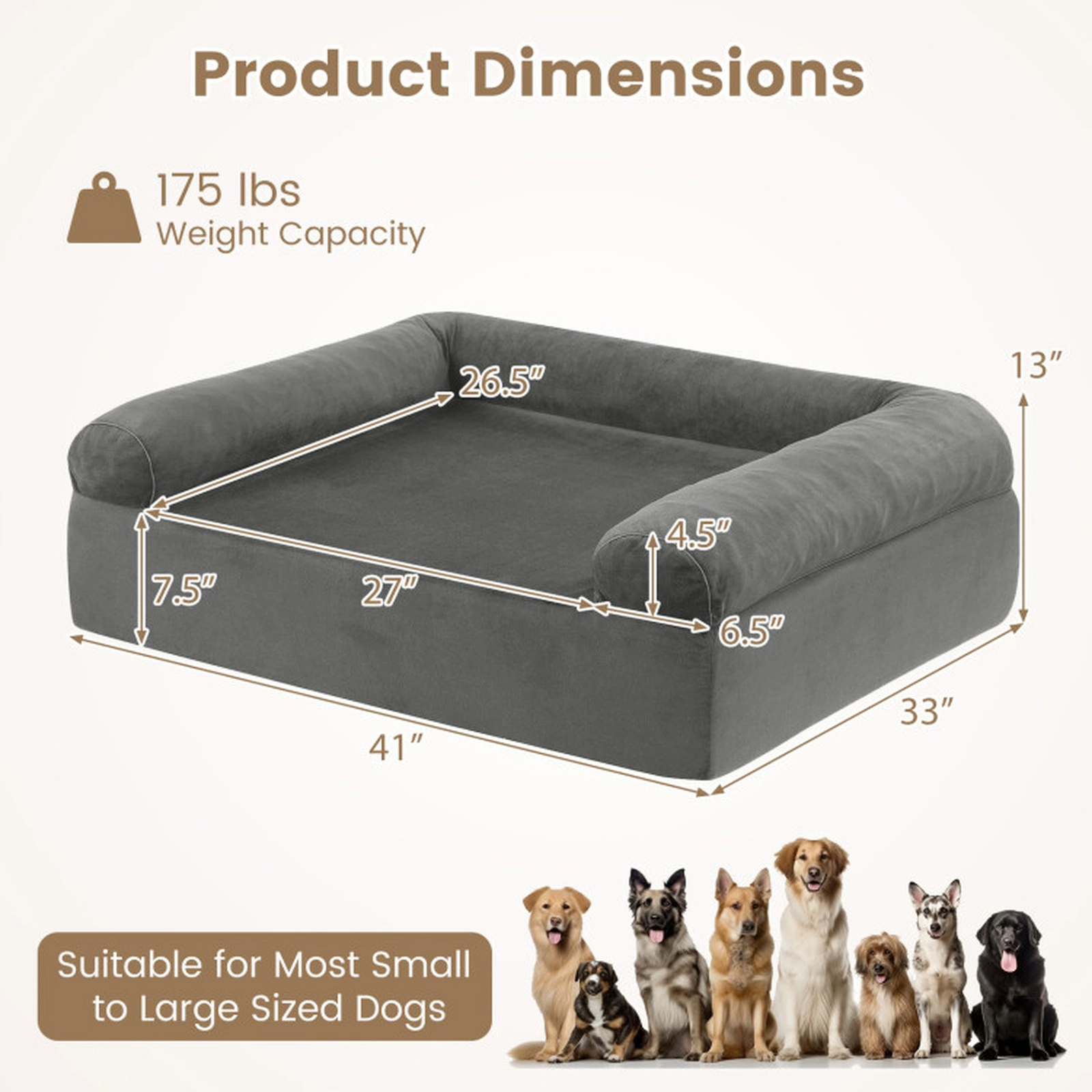 SUGIFT Dual-Sided Cooling Gel Memory Foam Pet Bed with 3-Sided Bolsters for Small to Medium Dogs Dark Gray