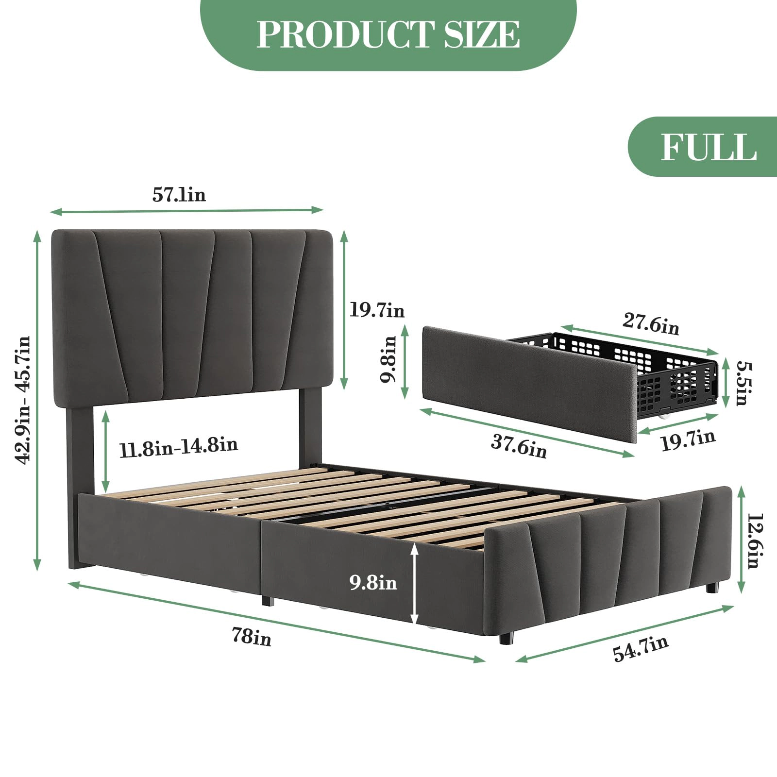 BebreezChic Upholstered Full Platform Bed Frame with 4 Drawers