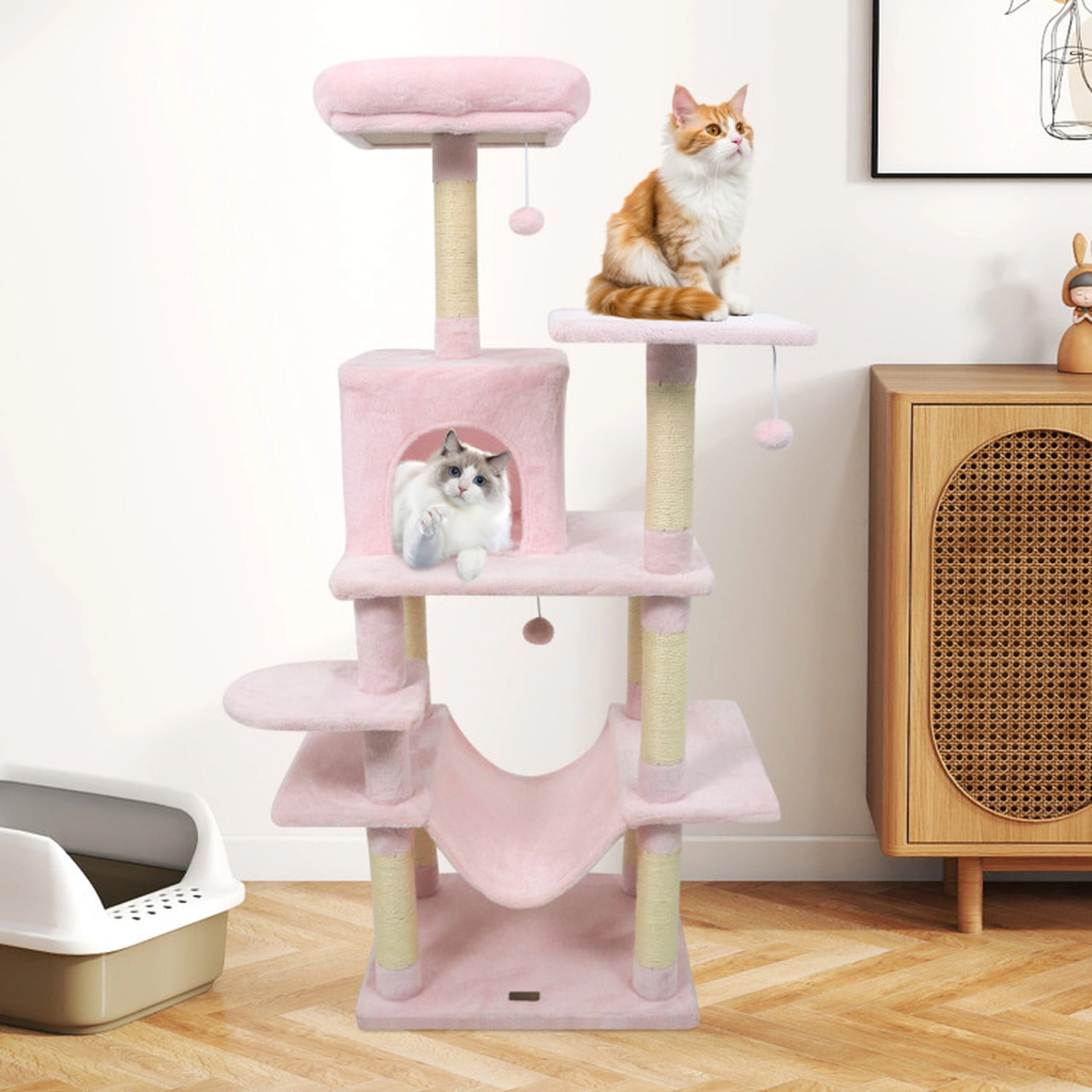 SUGIFT 58-in Multi-Level Cat Tree Tower with Padded Top Perch Condo and Scratching Posts 29-lb Net Weight Pink