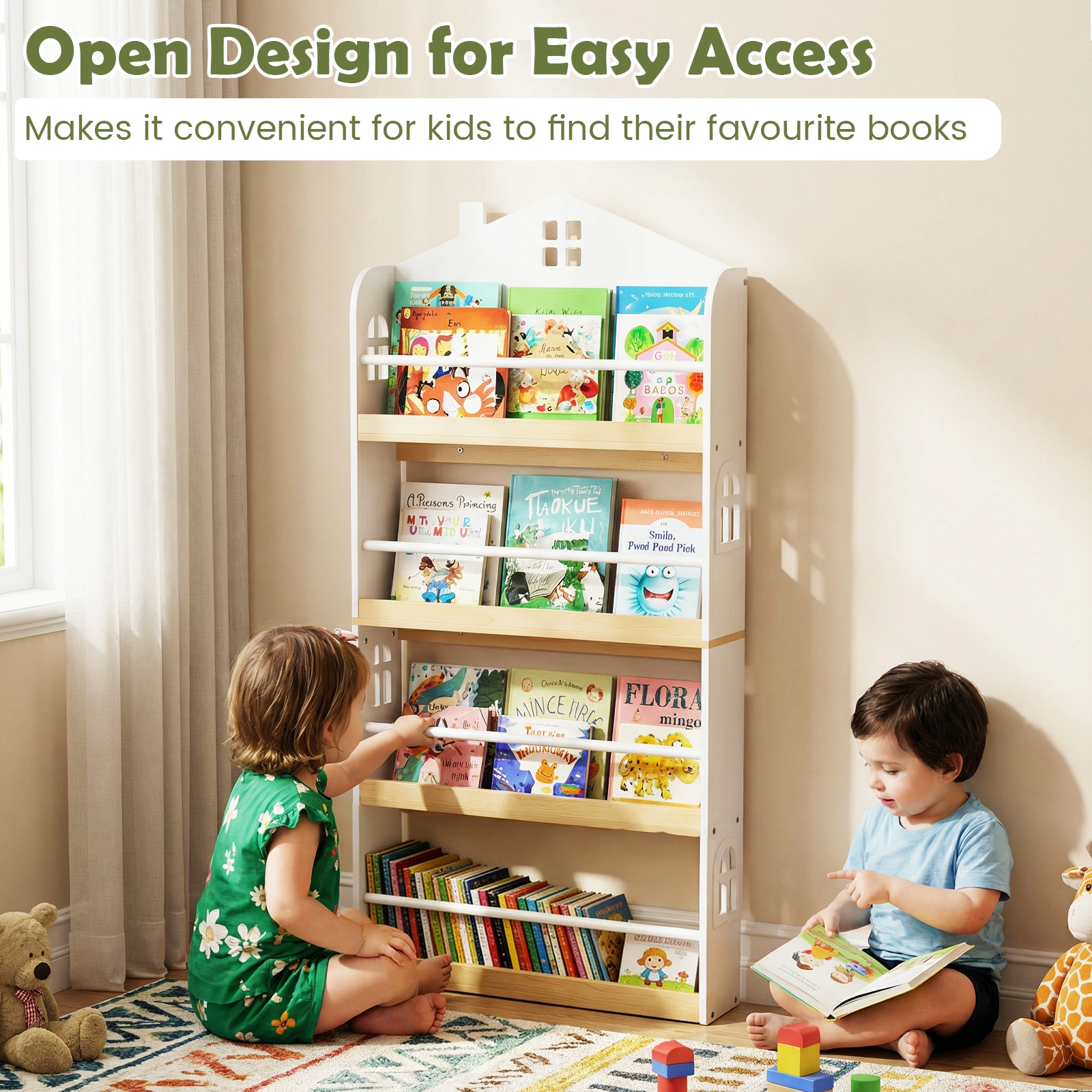 SUGIFT Kids 4-Tier House Shaped Anti-Fall Baffles Metal Bars Slim Bookshelf 24-in x 6-in x 51-in Ages 3+ White