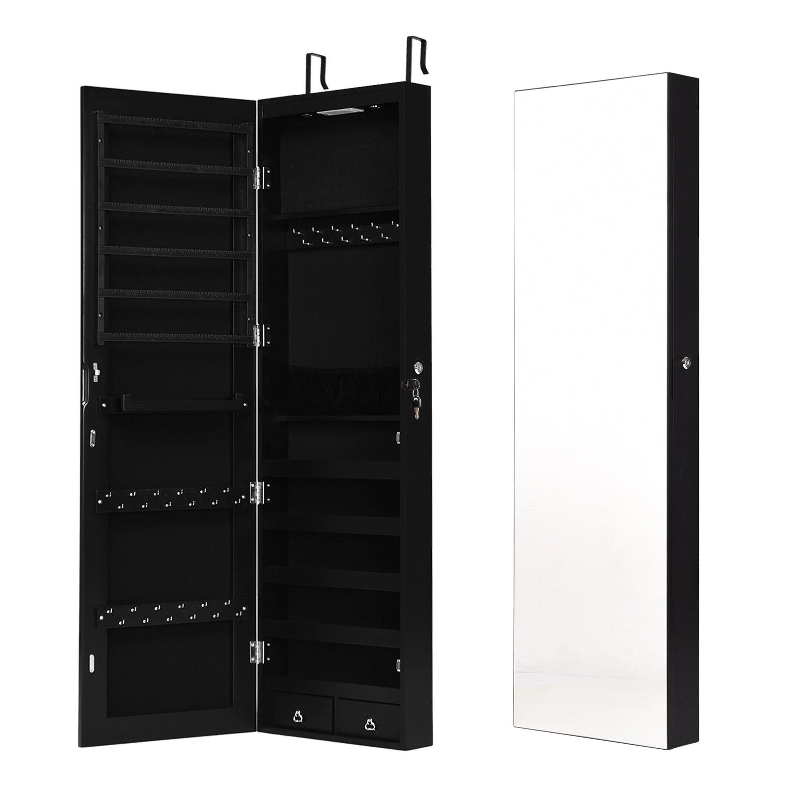 SUGIFT Black LED Lighted Mirrored Jewelry Cabinet Wall and Door Mounted Lockable Armoire with Full Mirror