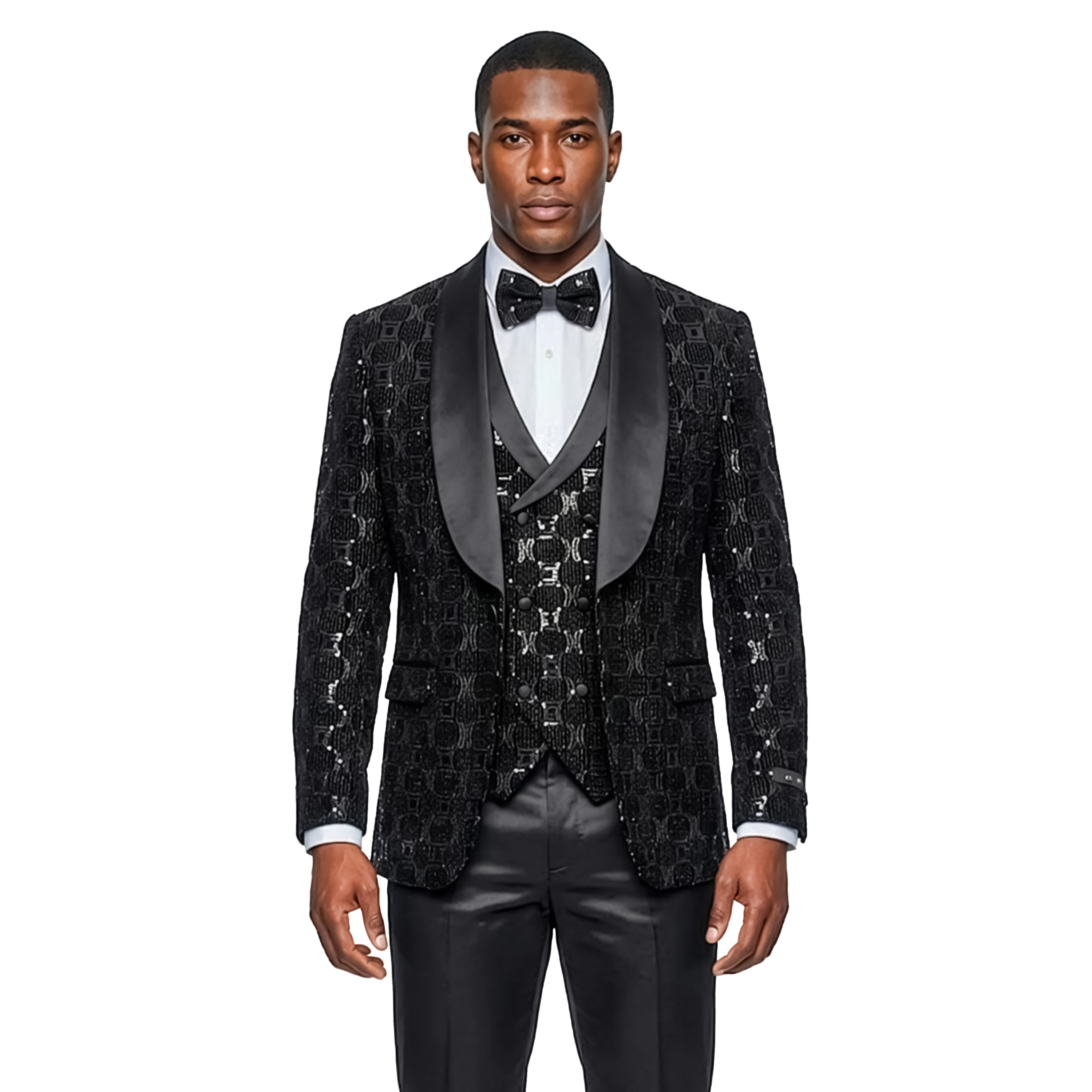 Tazzio Men’s Skinny Fit Sequin Shawl Collar 3pc Fashion Tuxedo Set