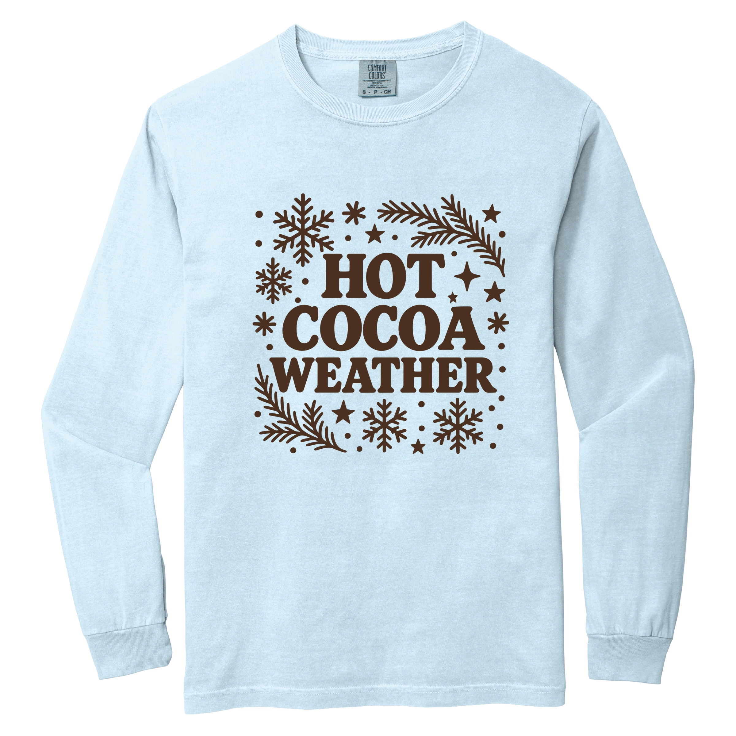 Simply Sage Market - Women's Garment Dyed Long Sleeve Graphic T-Shirt Hot Cocoa Weather Snowflakes