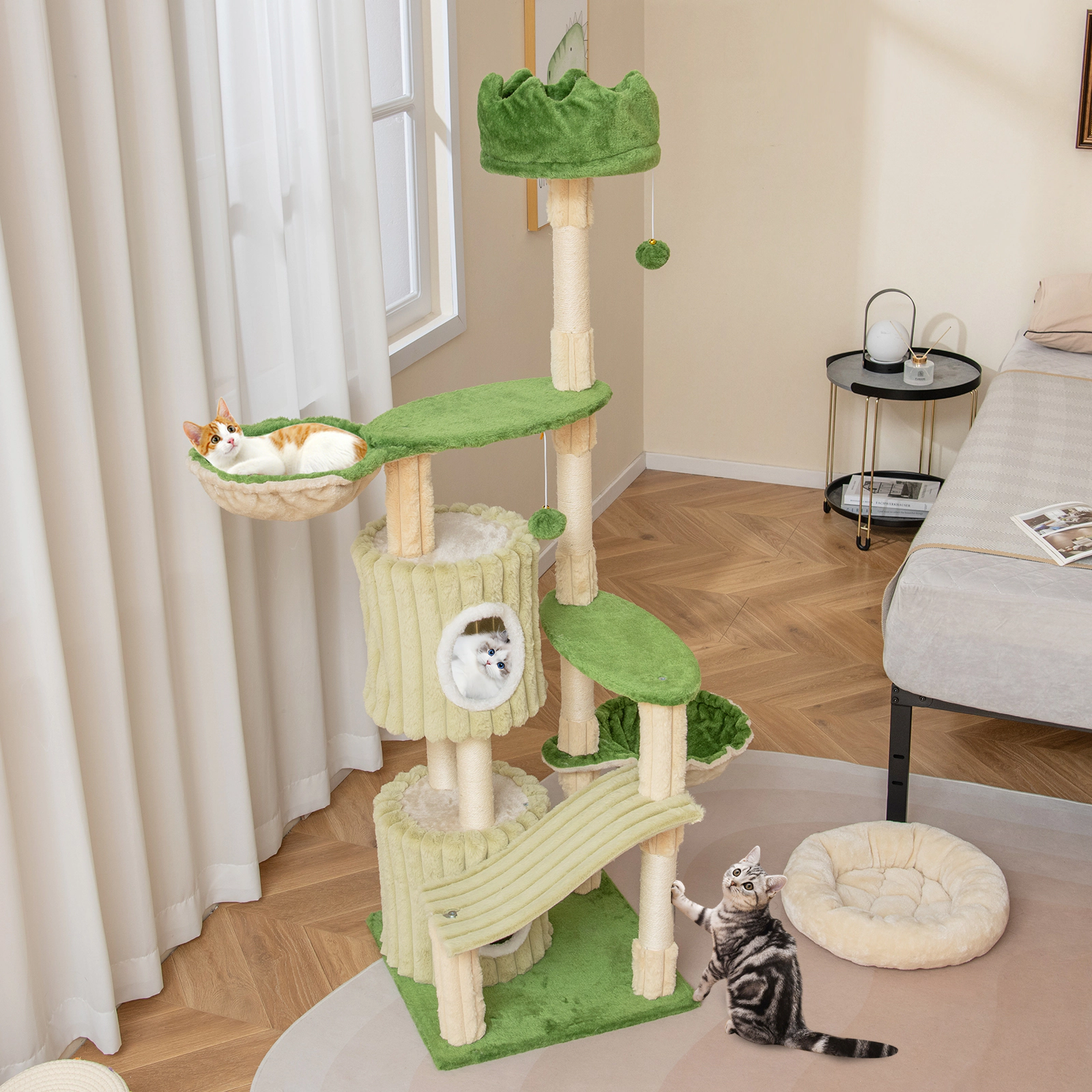 Glintex 63-Inch Striped Cat Tower with 2 Condos 2 Hammocks and Crown Perch, Green