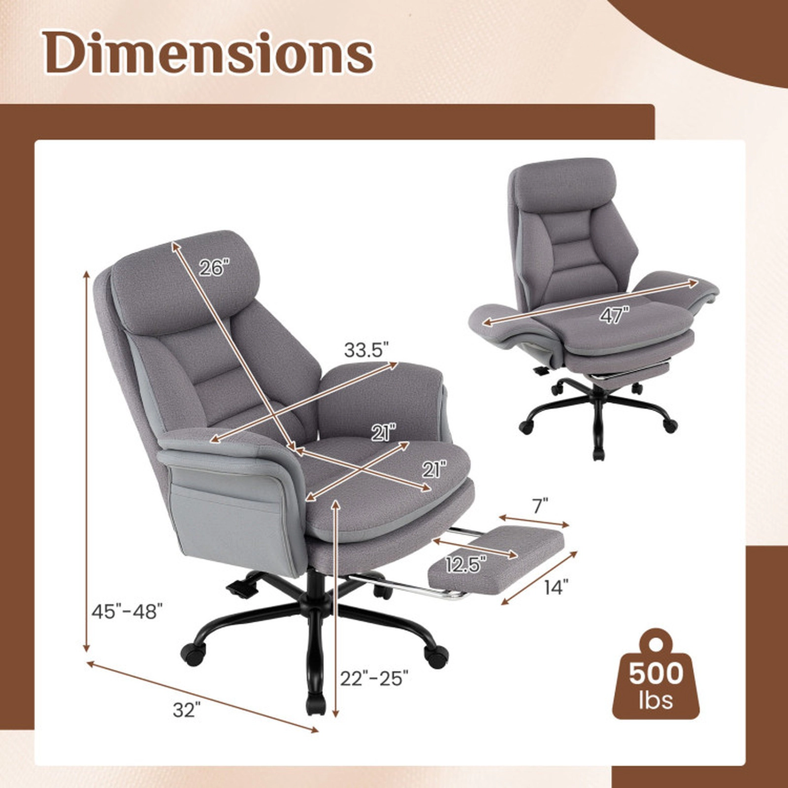 SUGIFT Ergonomic Big and Tall Office Chair with 500-Lb Capacity and Retractable Footrest Gray