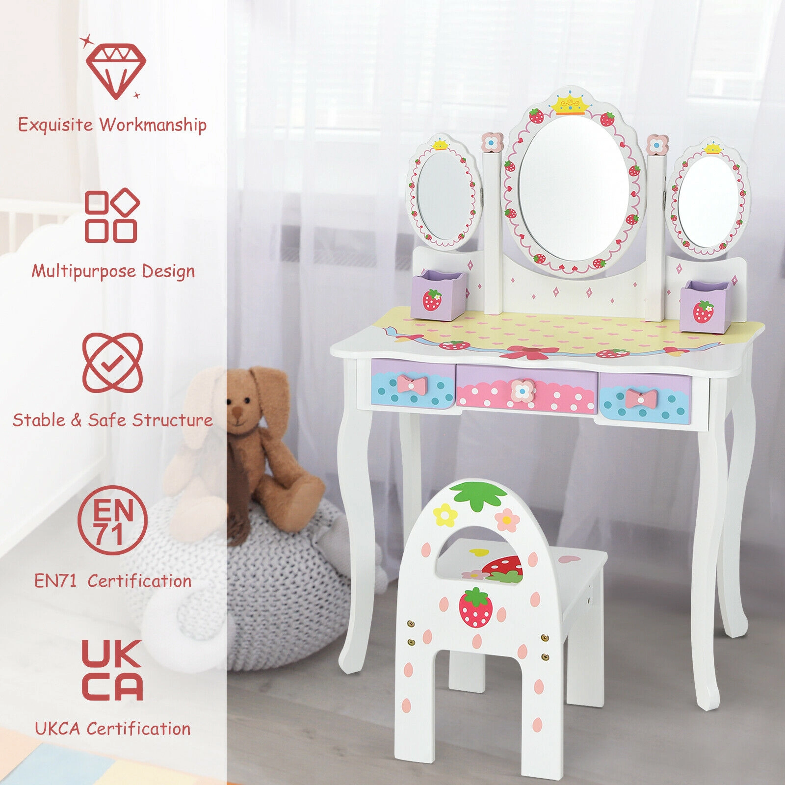 SUGIFT Kids Vanity Table and Chair Set, Tri-Fold Mirror, 3 Drawers, Detachable Top
