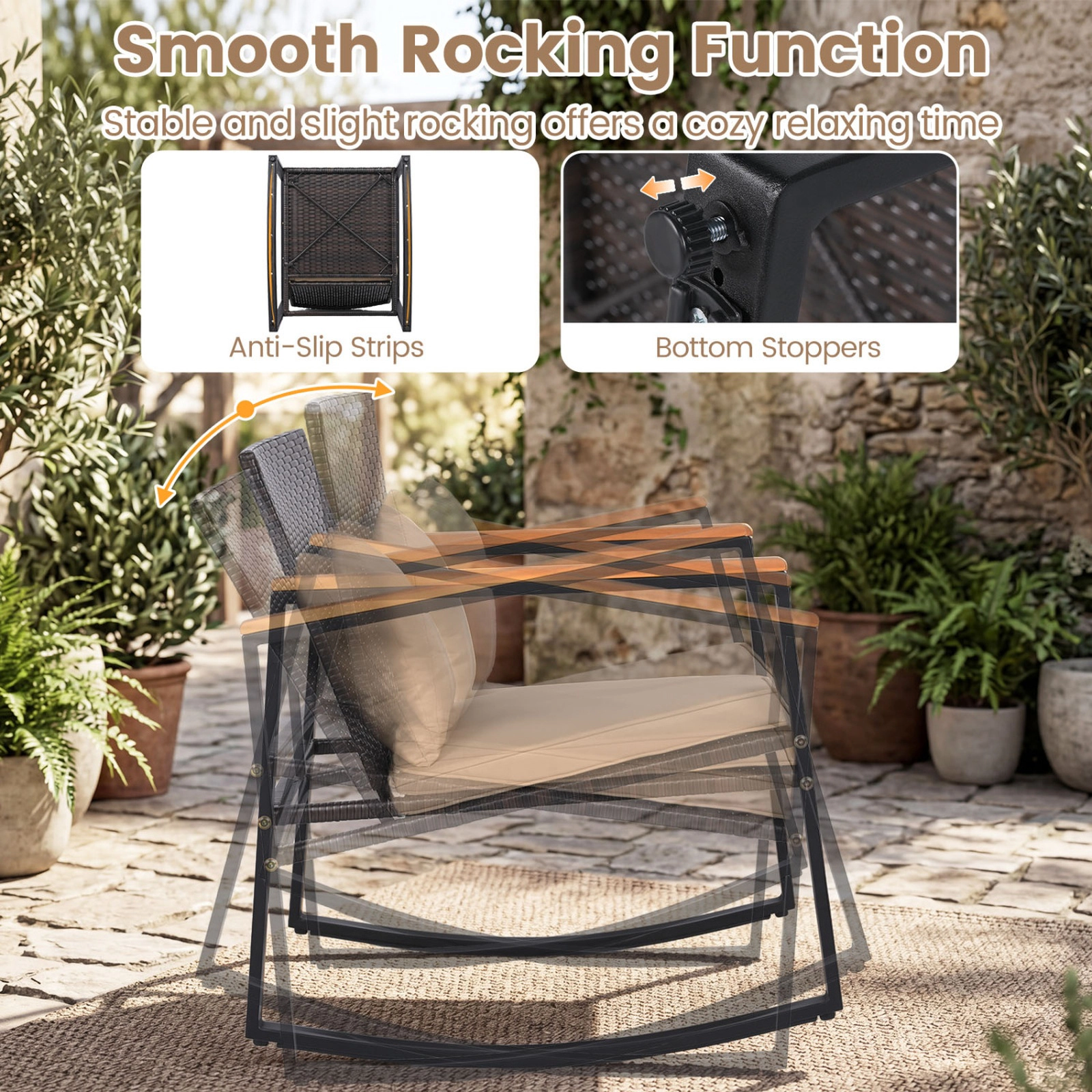 SUGIFT Outdoor Rocking Conversation Bistro Set with Cushions & Tempered Glass Table 397-lb Chair Capacity Brown & Black