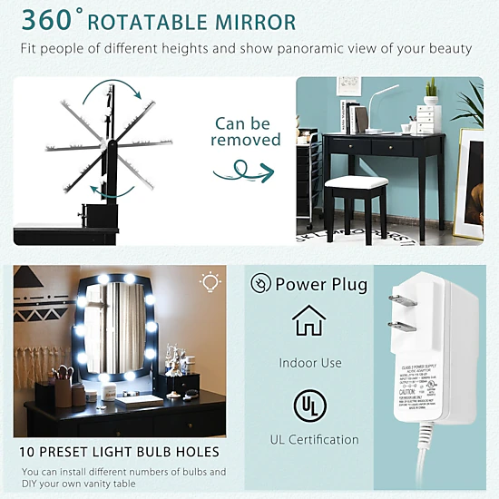 LJG Vanity Table Set with Lighted Mirror for Bedroom and Dressing Room