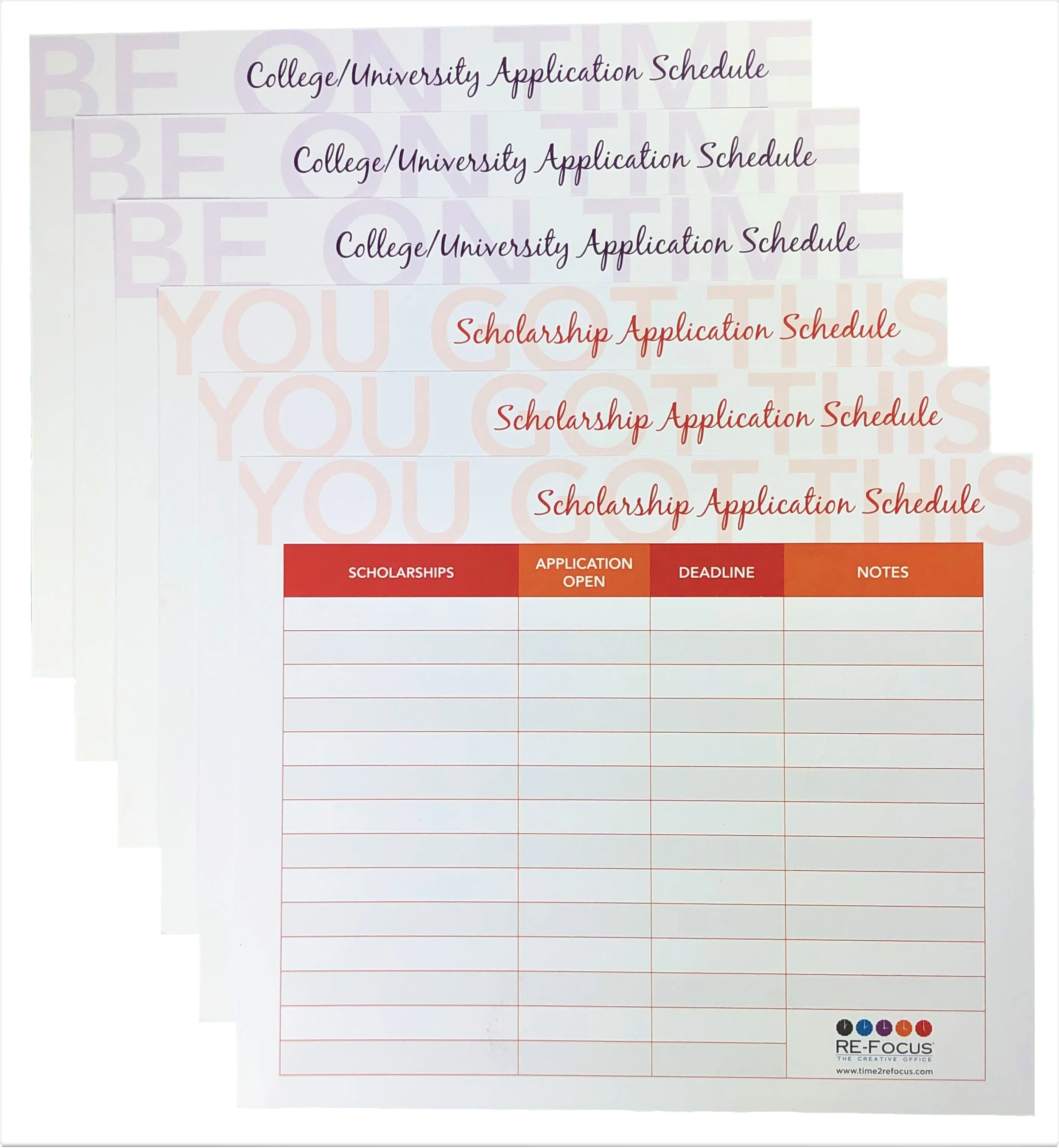 RE-FOCUS THE CREATIVE OFFICE College & Scholarship Application Timeline Sheets