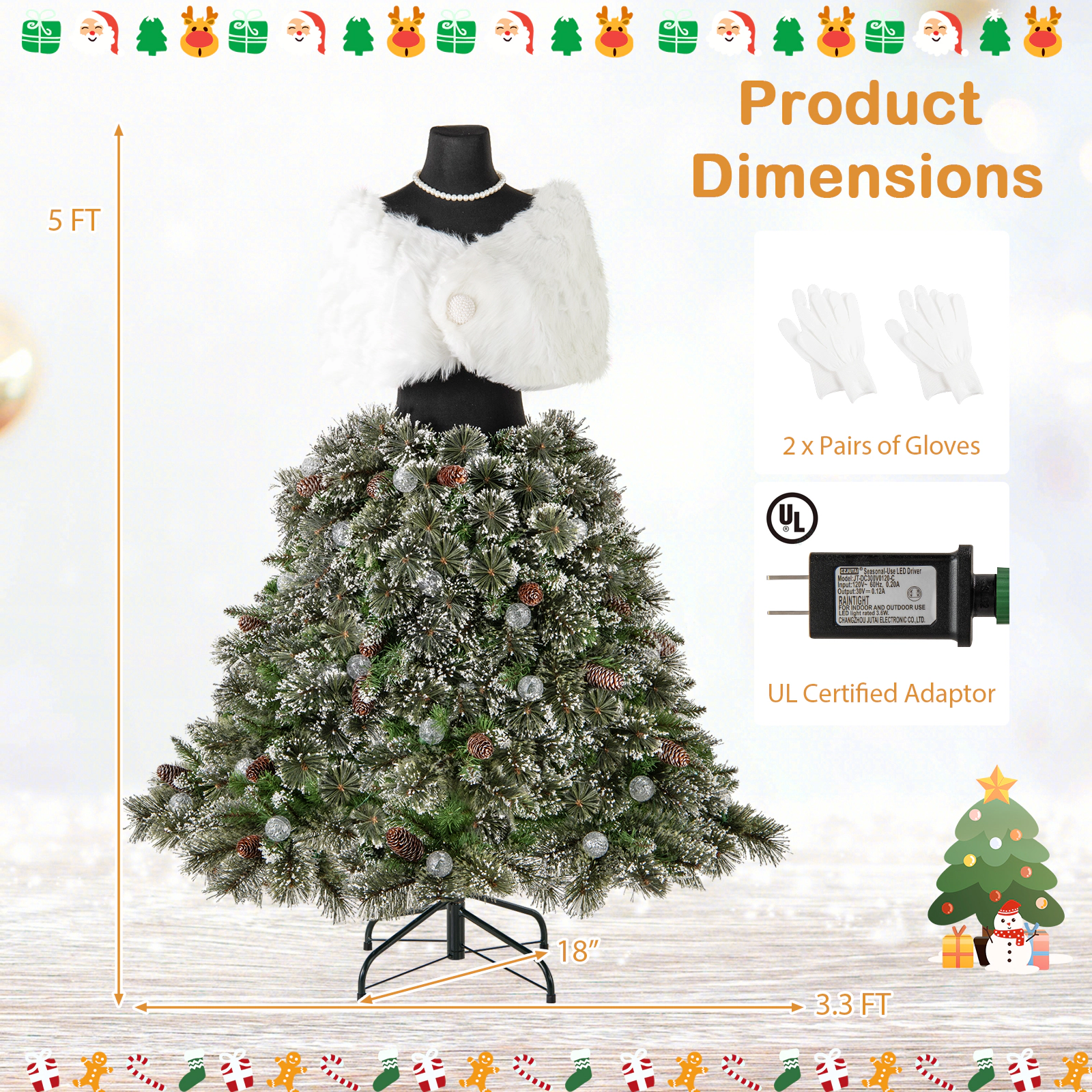 LJG 5 FT Pre-Lit Mannequin Artificial Christmas Tree Hinged Dress Form Xmas Tree with 465 Branch Tips