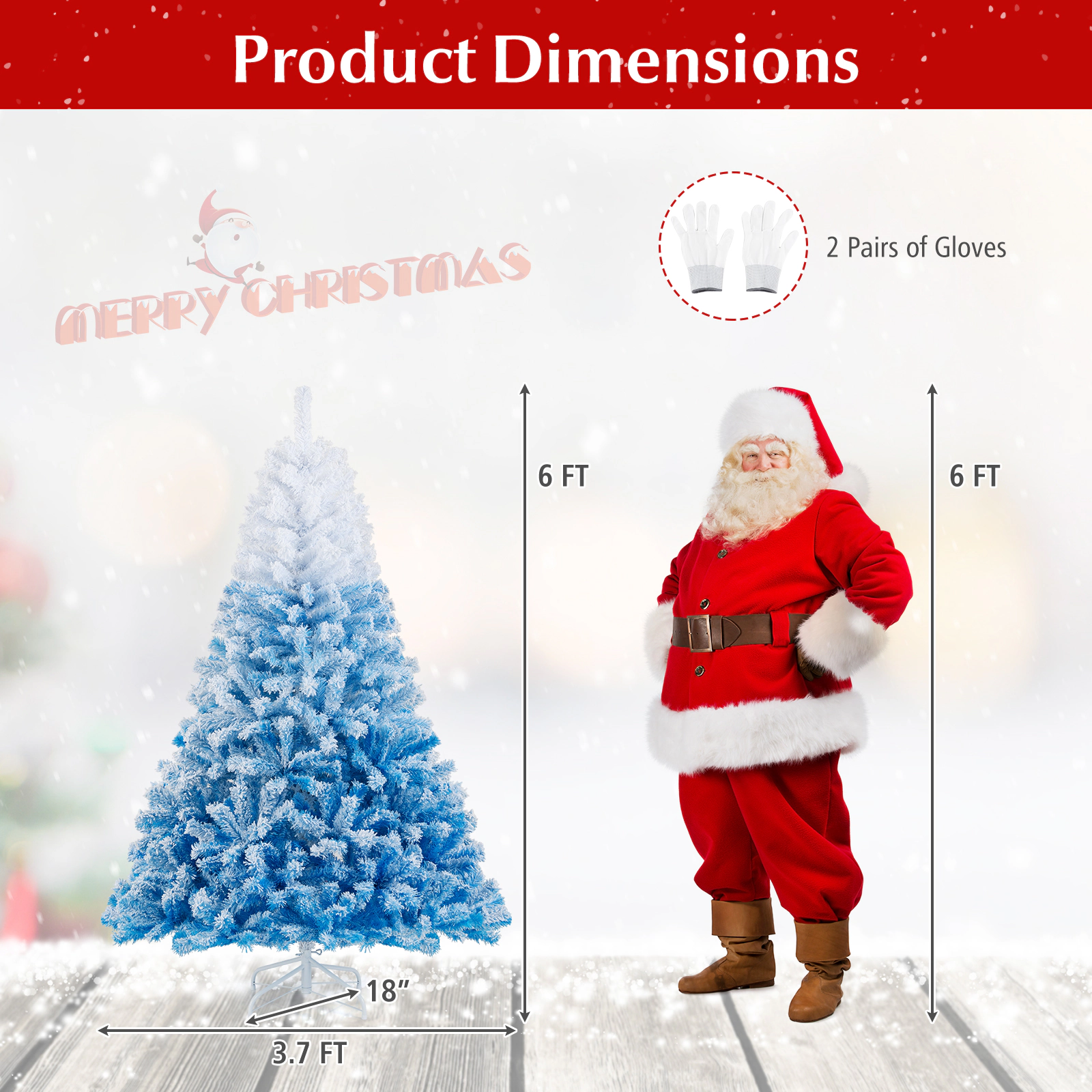SUGIFT White and Blue Flocked Christmas Tree with Branch Tips and Folding Metal Stand